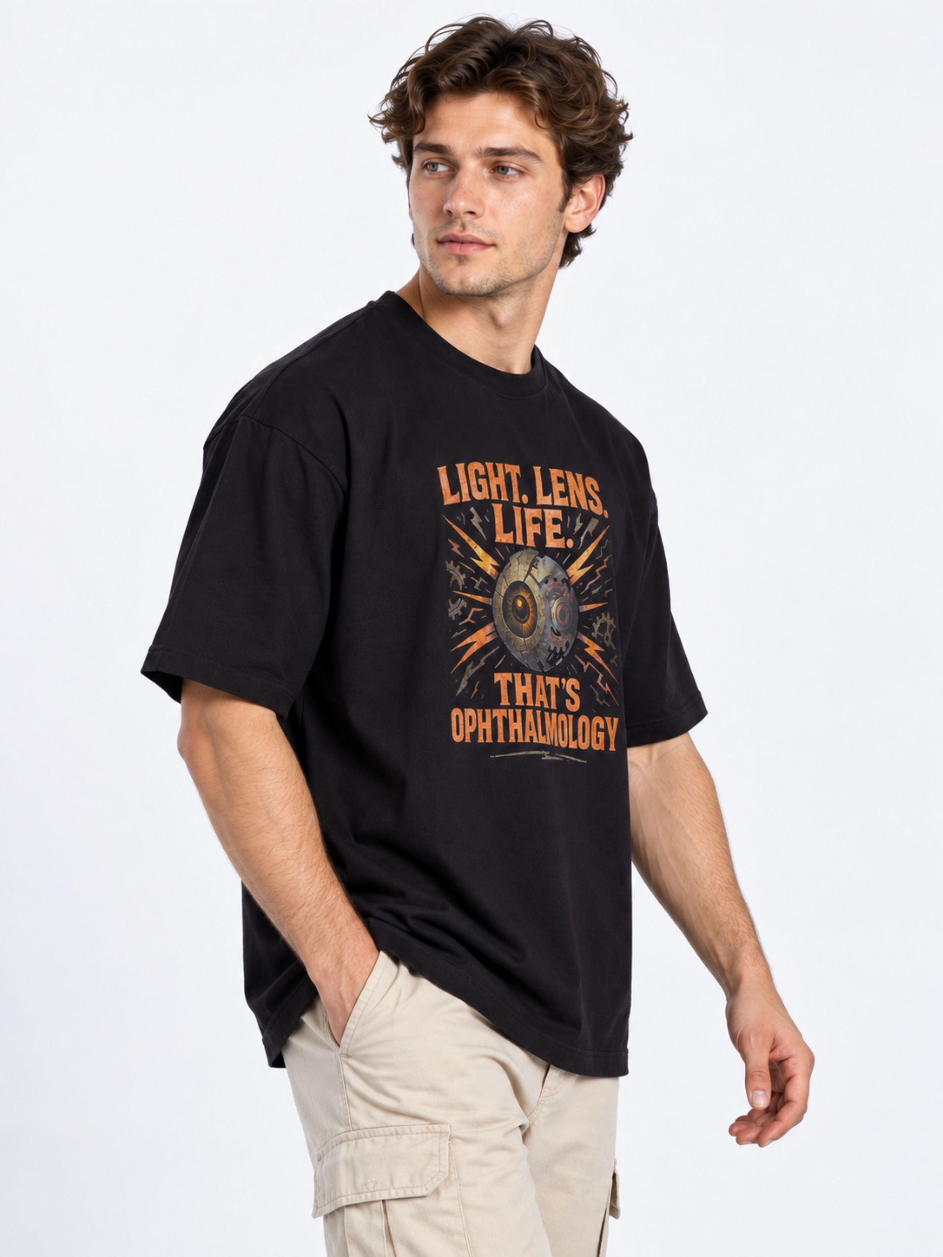 Black oversized fit Opthalmologist T-shirt For Men with light lens graphic and text from Bandar Baant Collections