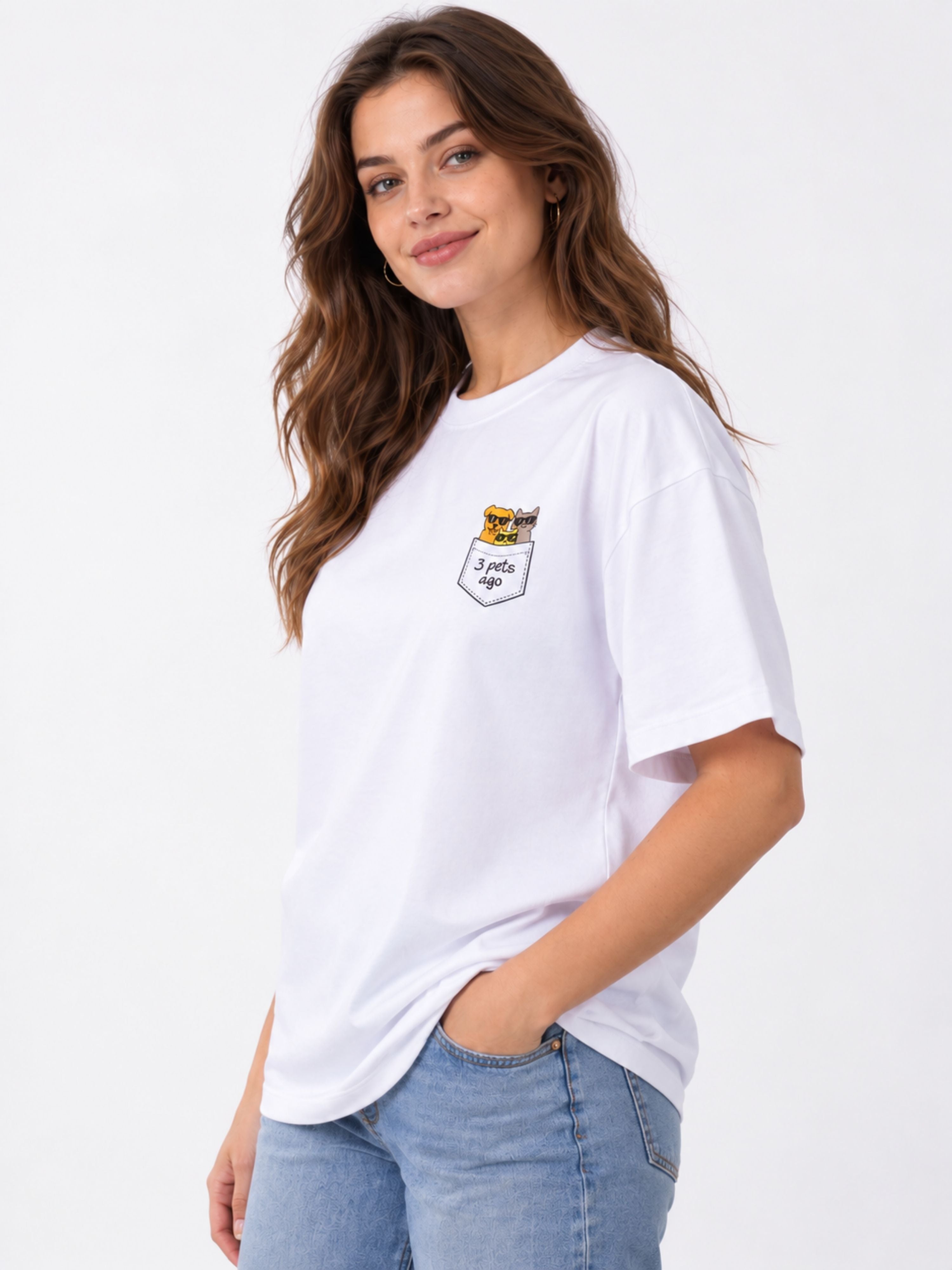 Pet Lovers T-shirt For Women oversized fit white tee with cute pet pocket design from Bandar Baant Collections