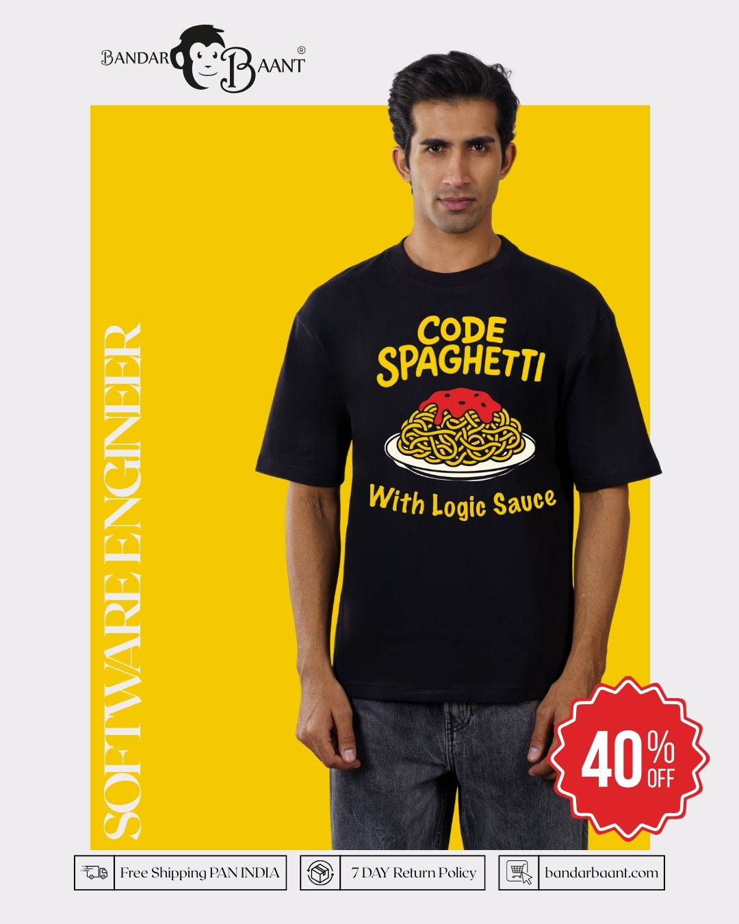 Bandar Baant oversized fit Software Engineer Cool Printed Tshirt For Men with code spaghetti graphic