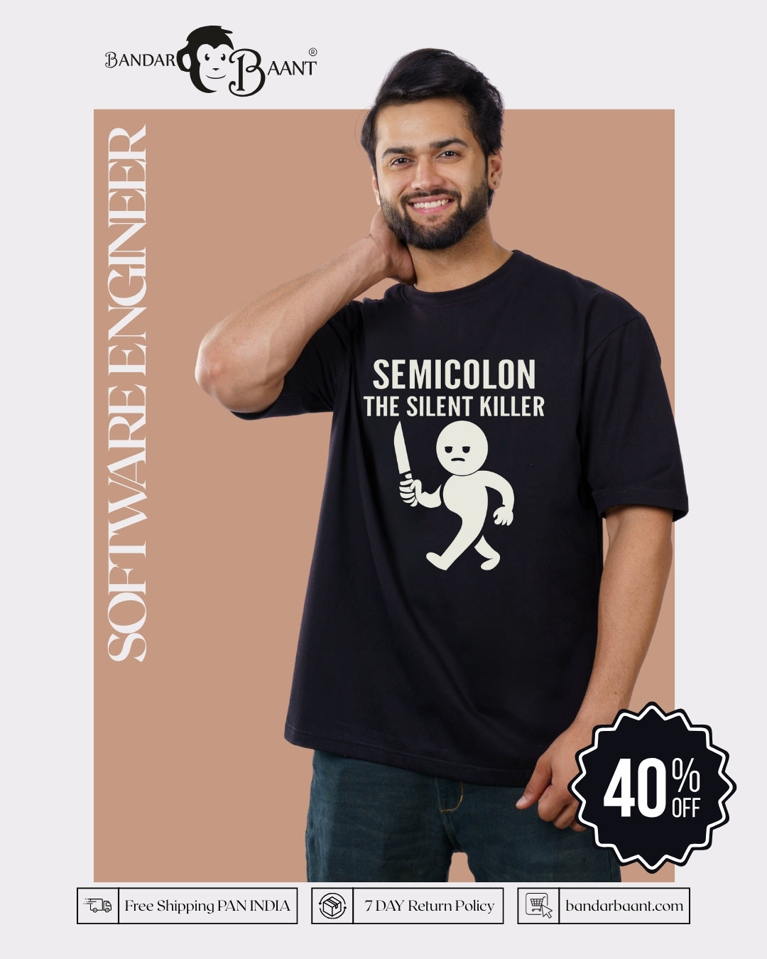 Software Engineer Designer T-Shirt For Men oversized fit black tshirt with semicolon graphic and text