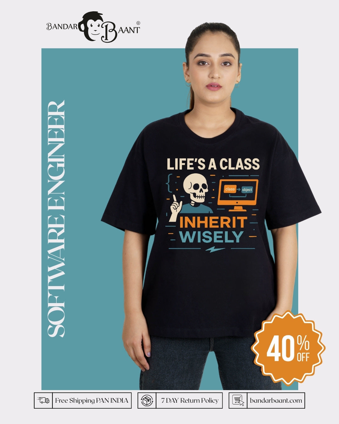 Software Engineer Funky T Shirt For Women black oversized fit tshirt with Life's a Class Inherit Wisely graphic