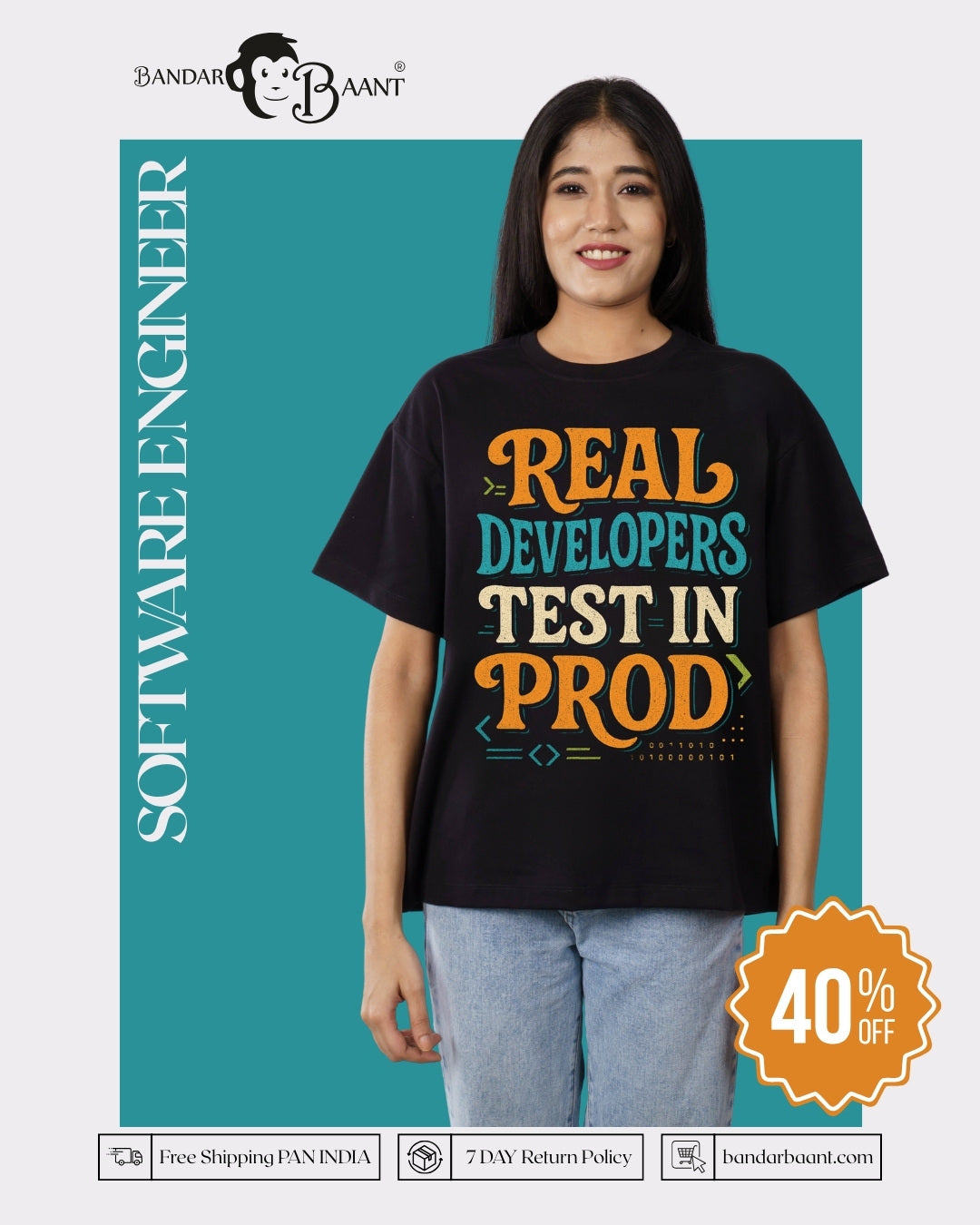 Oversized fit Software Engineer Quote Tshirt For Women in black with colorful developers text print