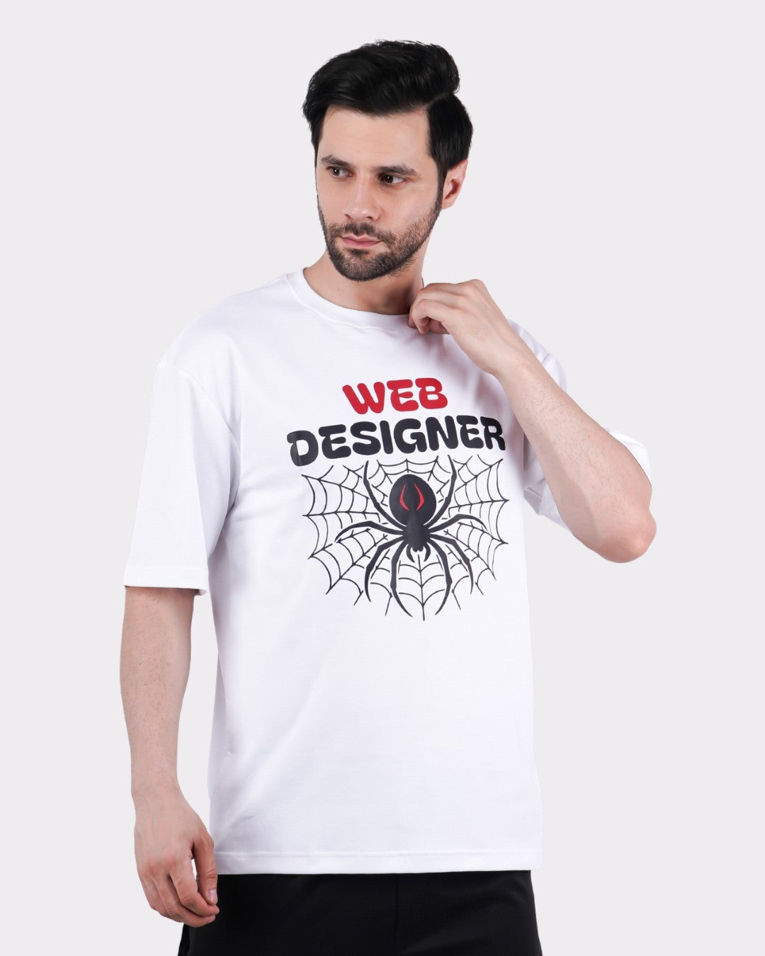 Bandar Baant Collections oversized fit T-Shirt For Men white with web designer spider graphic