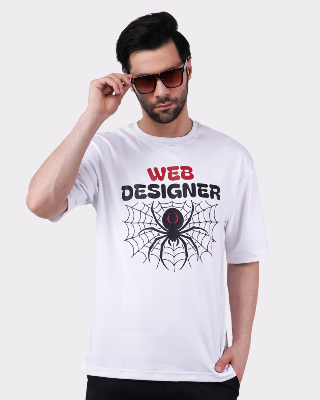 Oversized fit white T-Shirt For Men with web designer spider graphic from Bandar Baant Collections