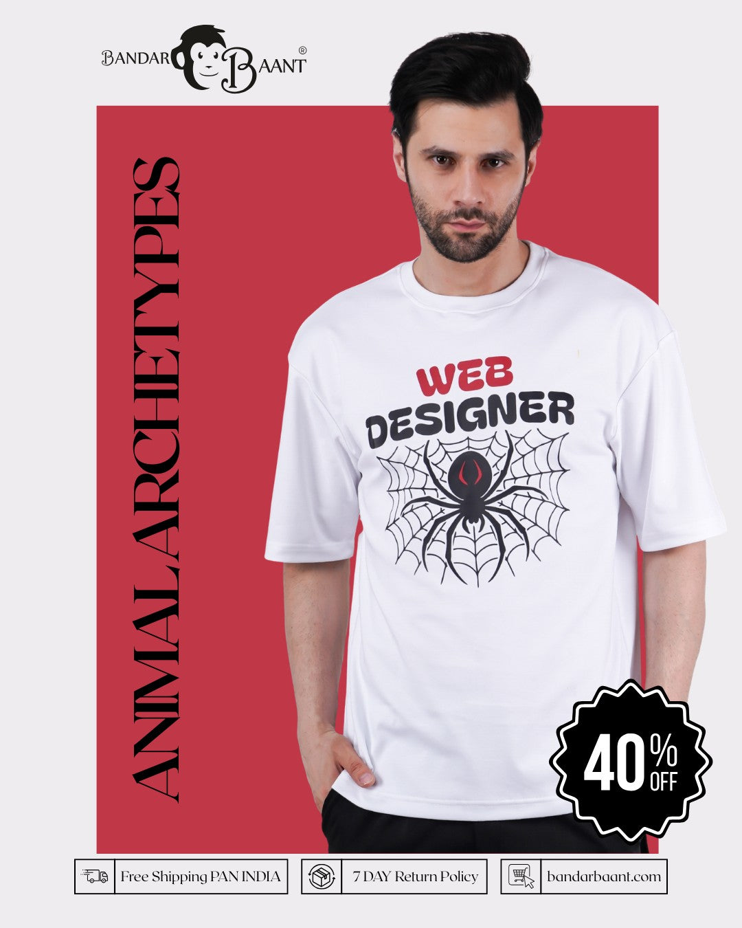 Spider Animal Archetype Oversized T-Shirt For Men in white with web designer graphic by Bandar Baant Collections