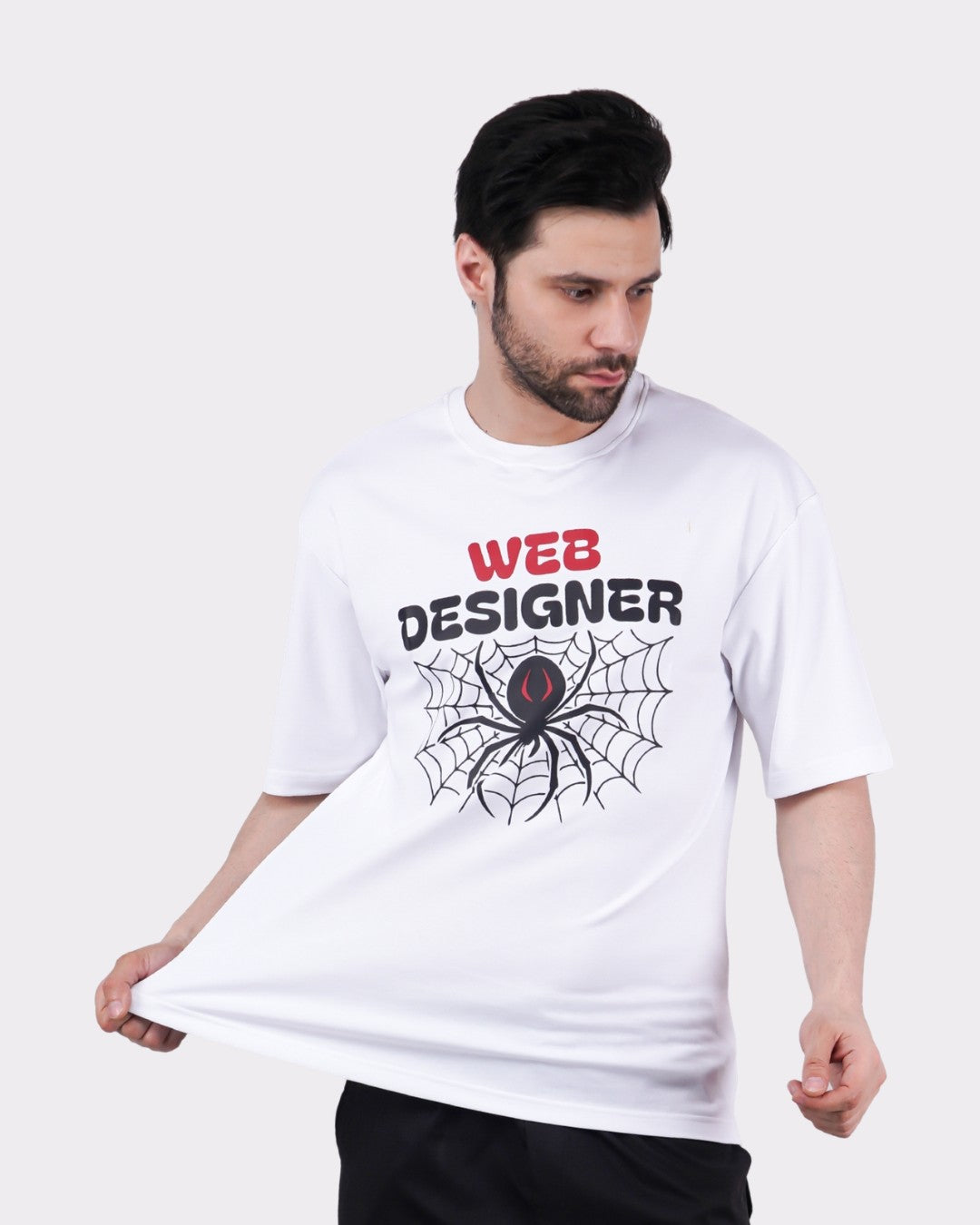 Spider Animal Archetype Oversized T-Shirt For Men in white with web designer graphic and oversized fit