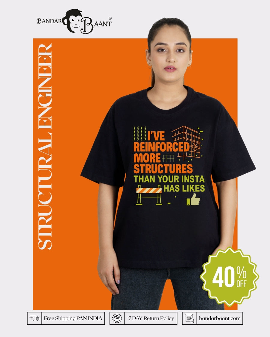 Structural Engineer Oversized T-shirt For Women in black with engineering-themed graphic and text design