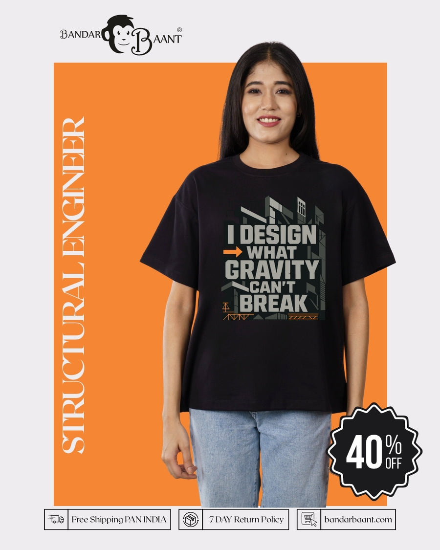 Structural Engineer Printed Tshirt For Women oversized fit black tshirt with engineering design and text
