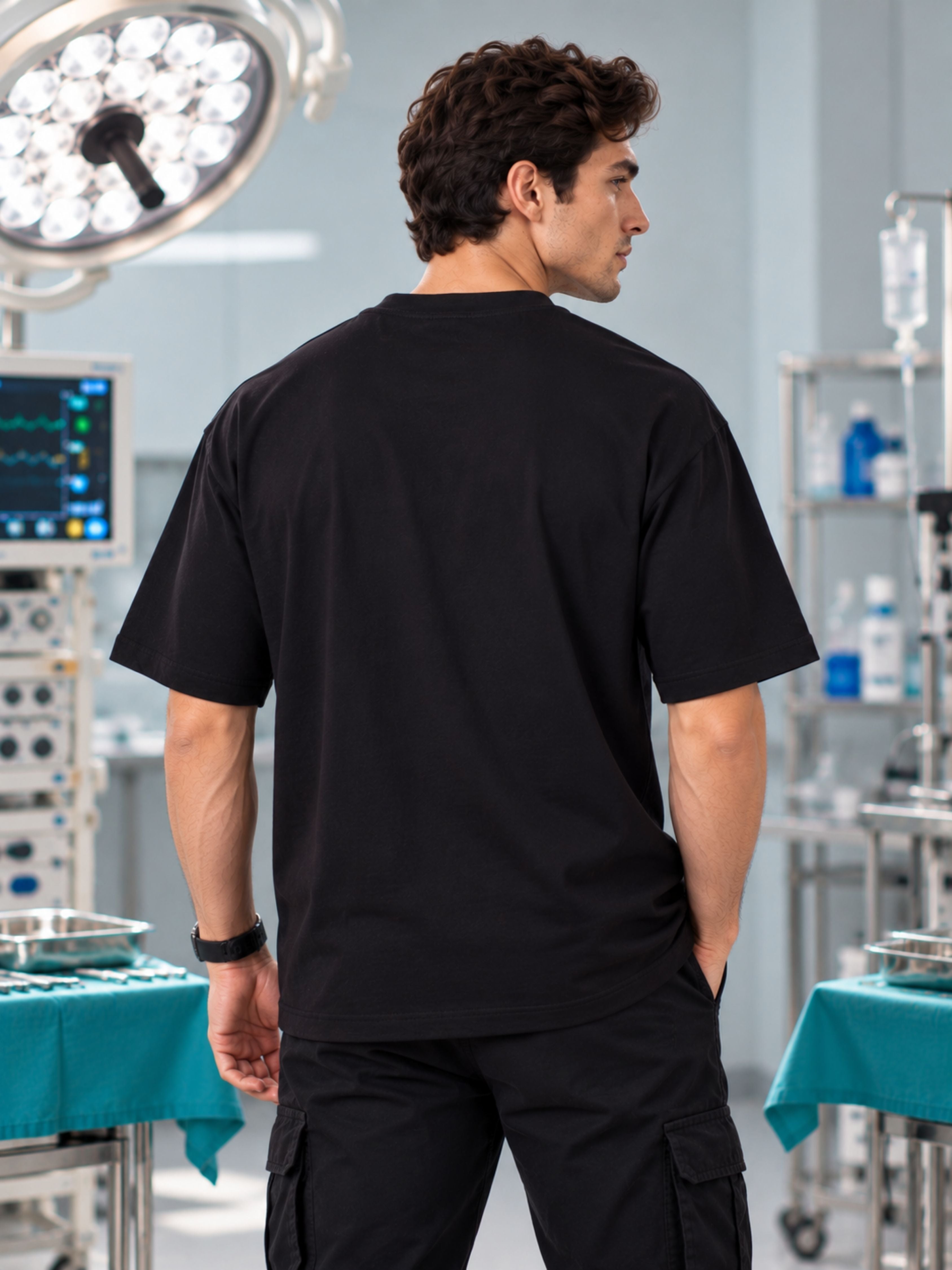 Back view of oversized fit Surgeon Quote Tshirt For Men in black worn by male model in medical setting