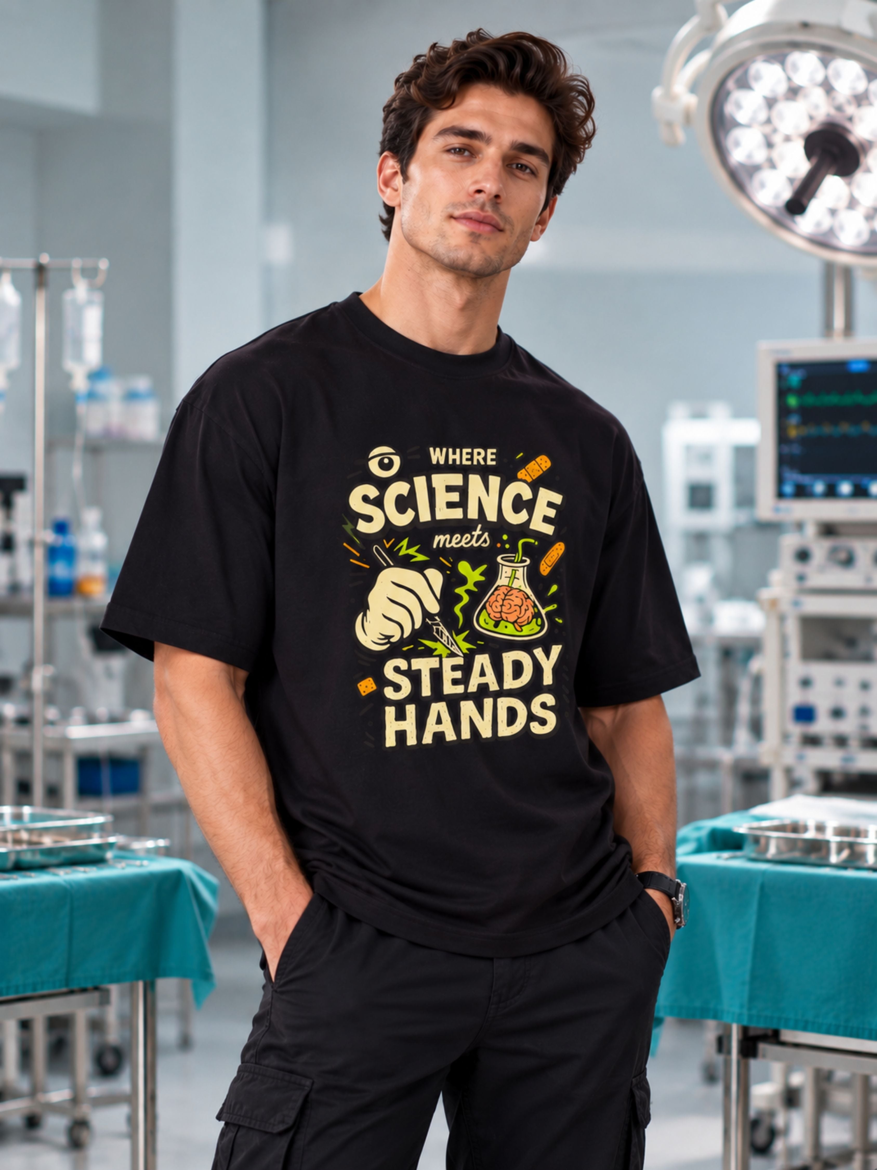 Oversized fit Surgeon Quote Tshirt For Men in black with science and steady hands design by Bandar Baant Collections