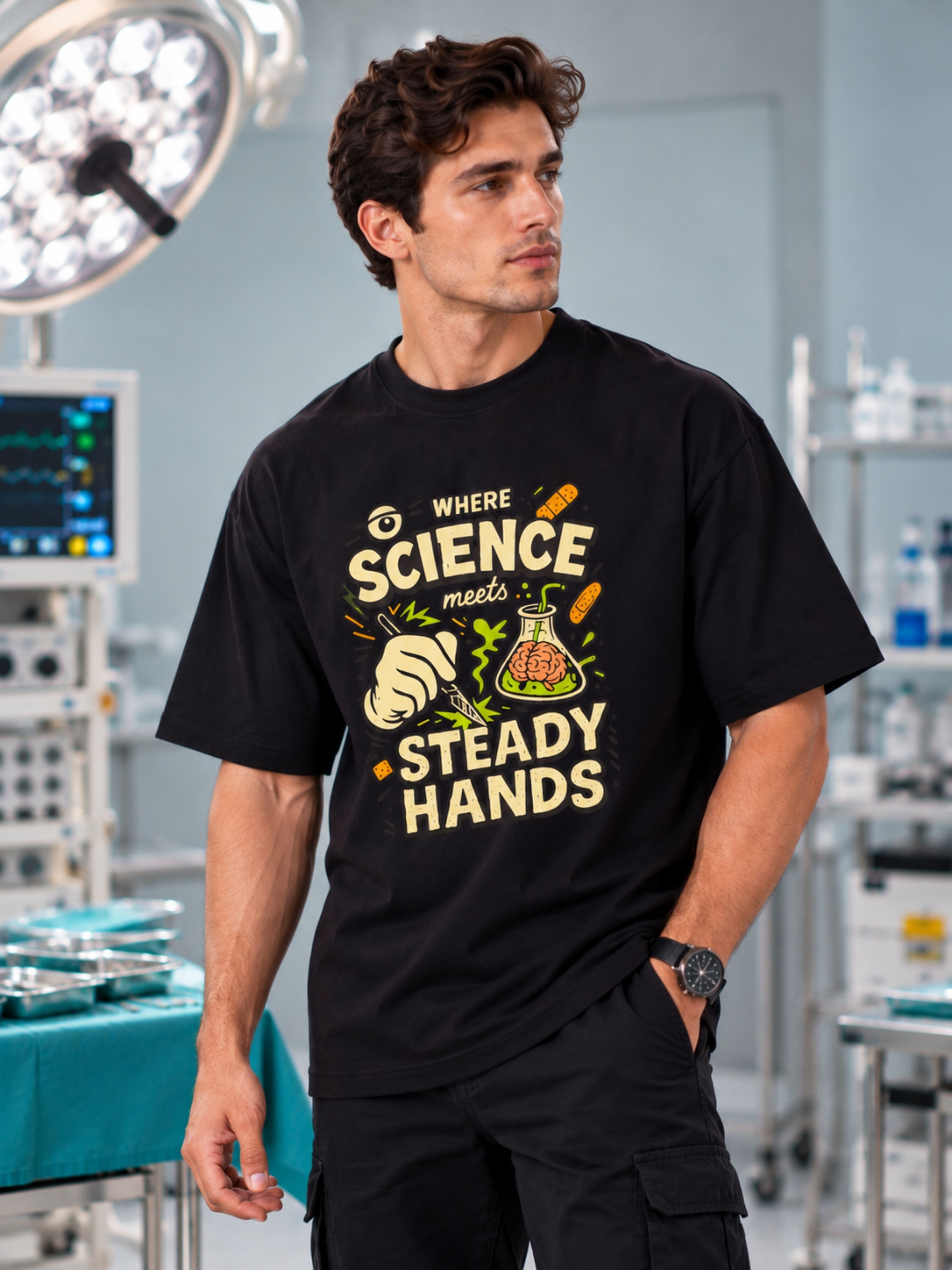 Black oversized fit Surgeon Quote Tshirt For Men with science and steady hands graphic design