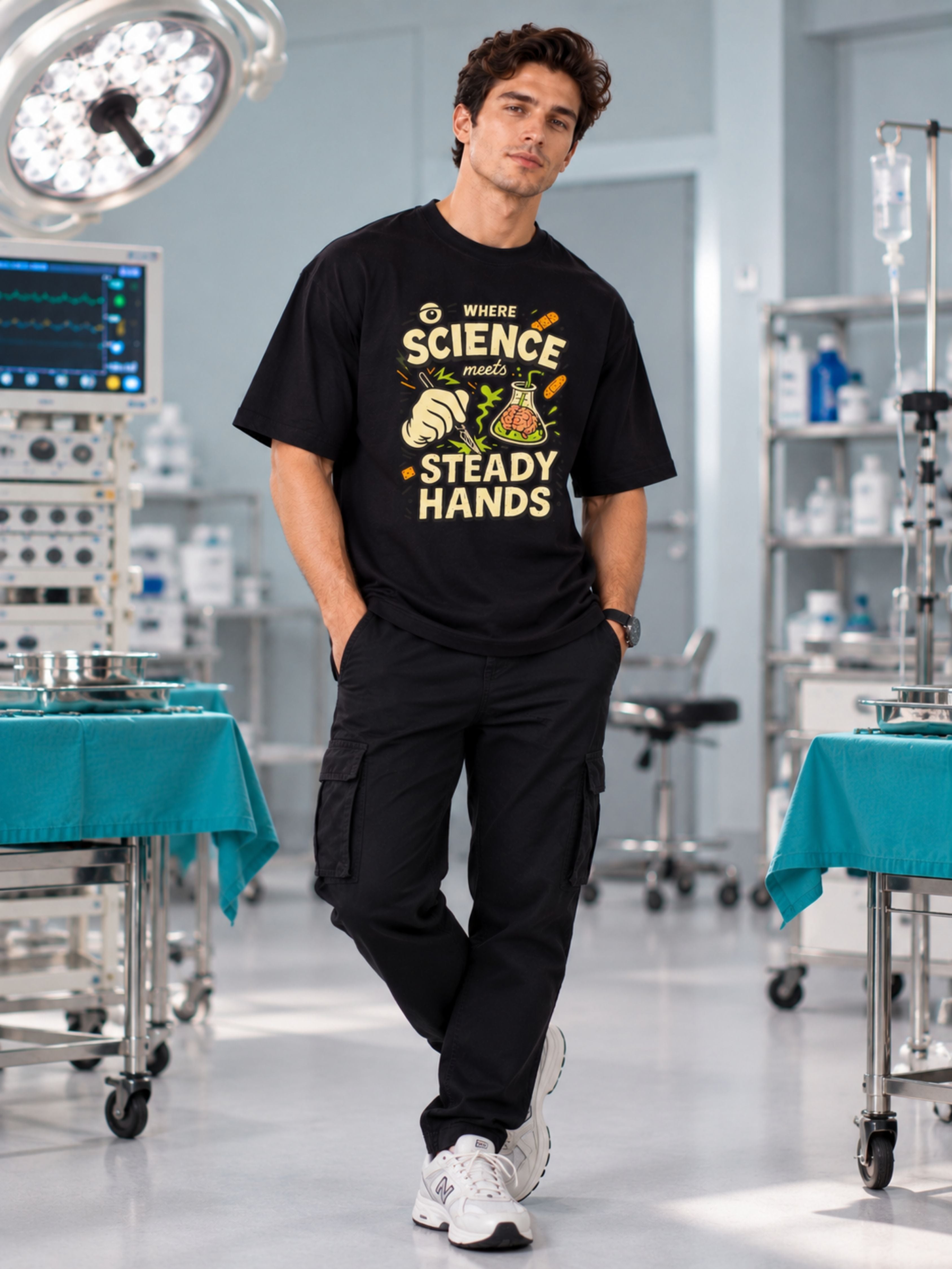 Surgeon Quote Tshirt For Men oversized fit black tee with science and steady hands print