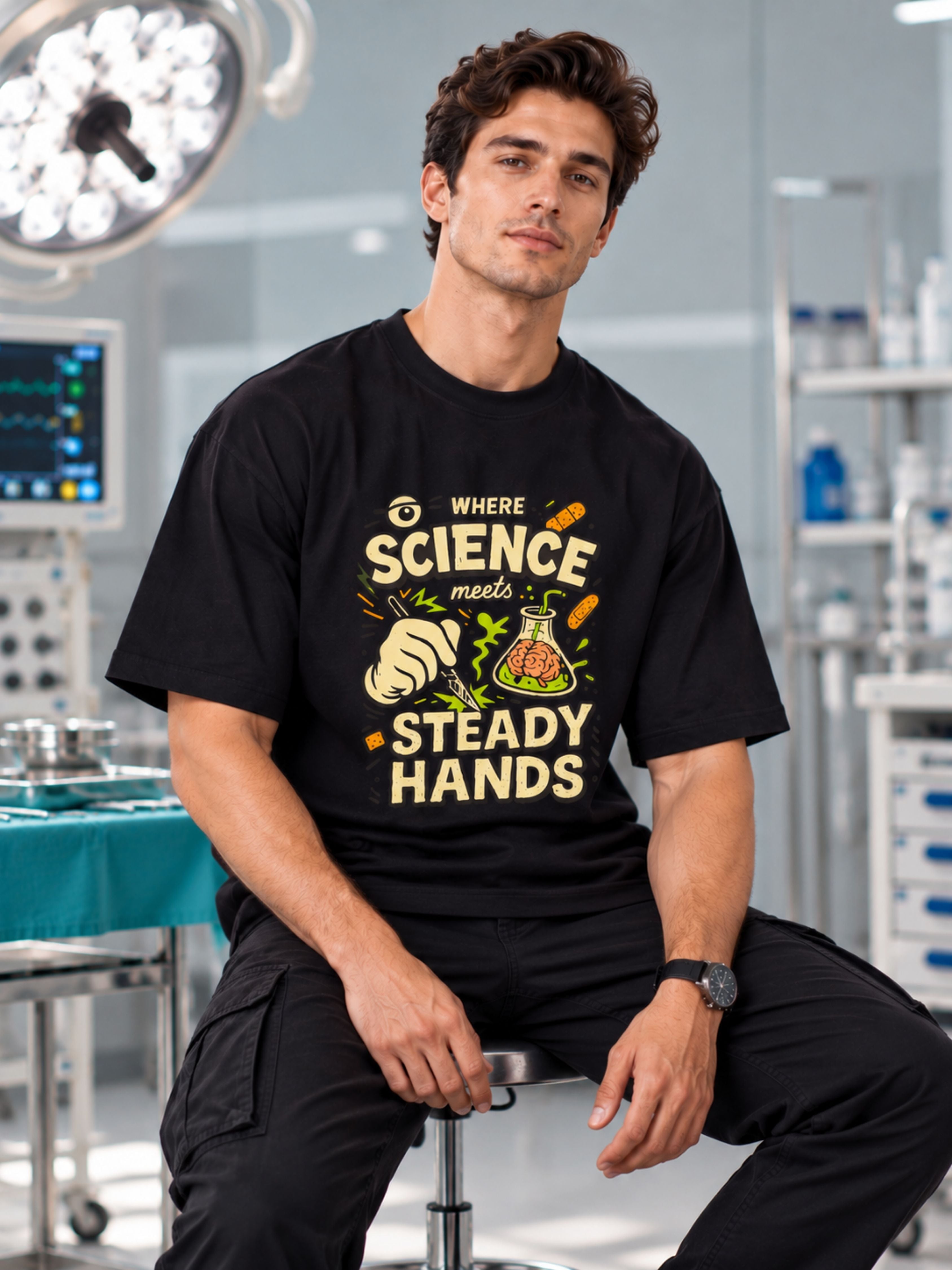 Bandar Baant Collections black oversized fit Surgeon Quote Tshirt For Men with science and steady hands graphic
