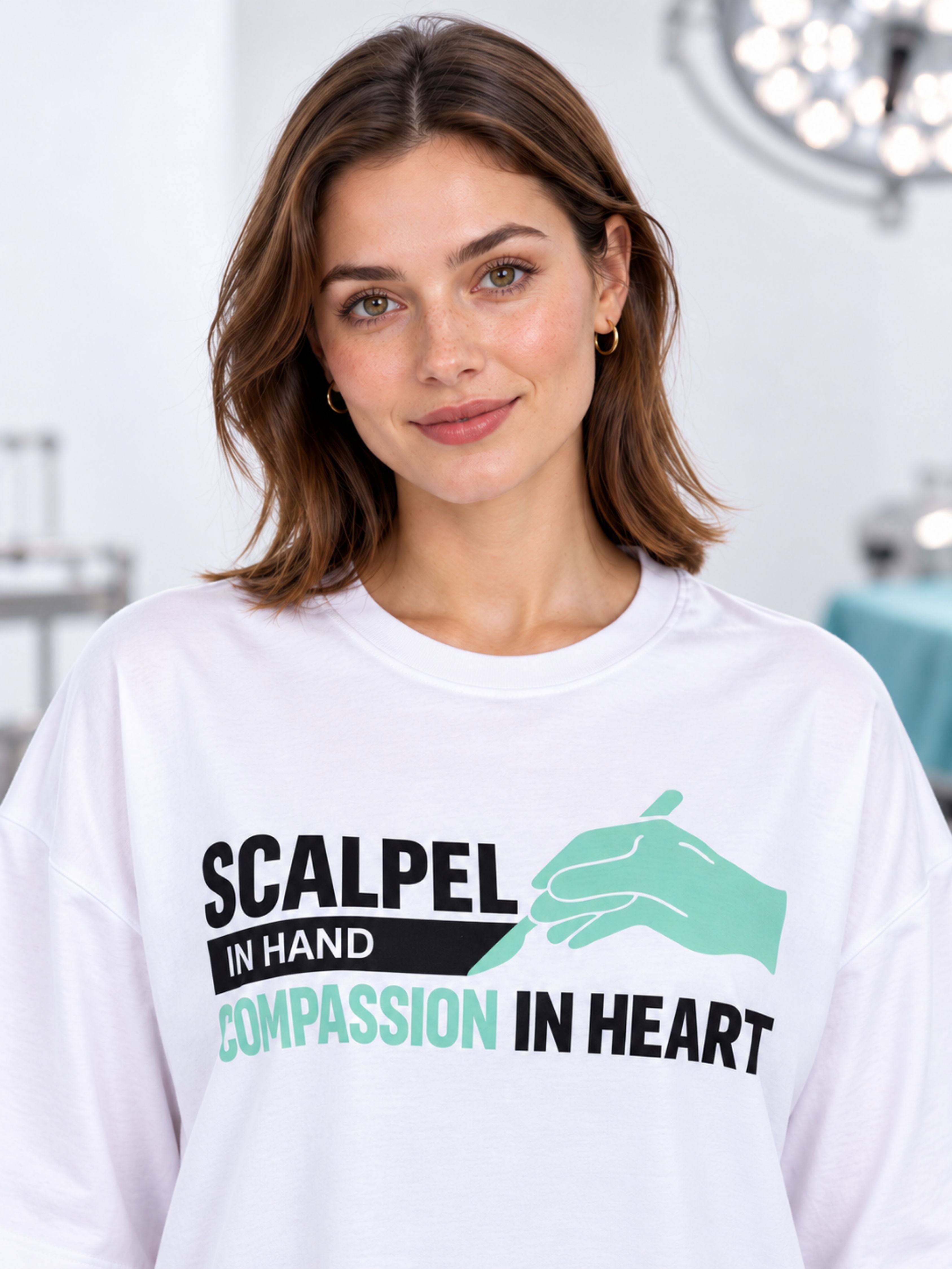 Surgeon T-shirt For Women oversized fit white tee with scalpel and compassion graphic from Bandar Baant Collections