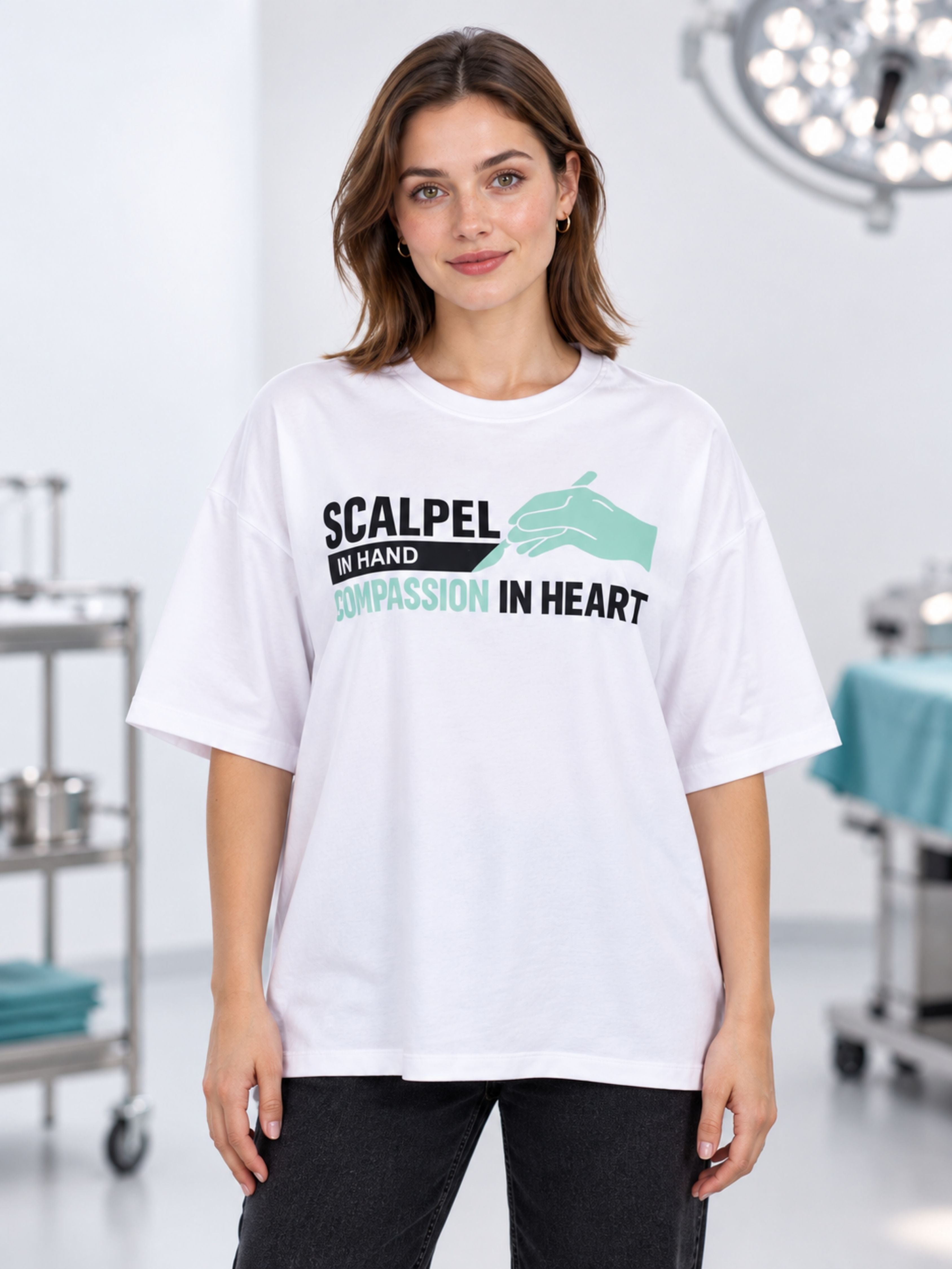 Women's oversized fit Surgeon T-shirt For Women with scalpel graphic and compassionate message