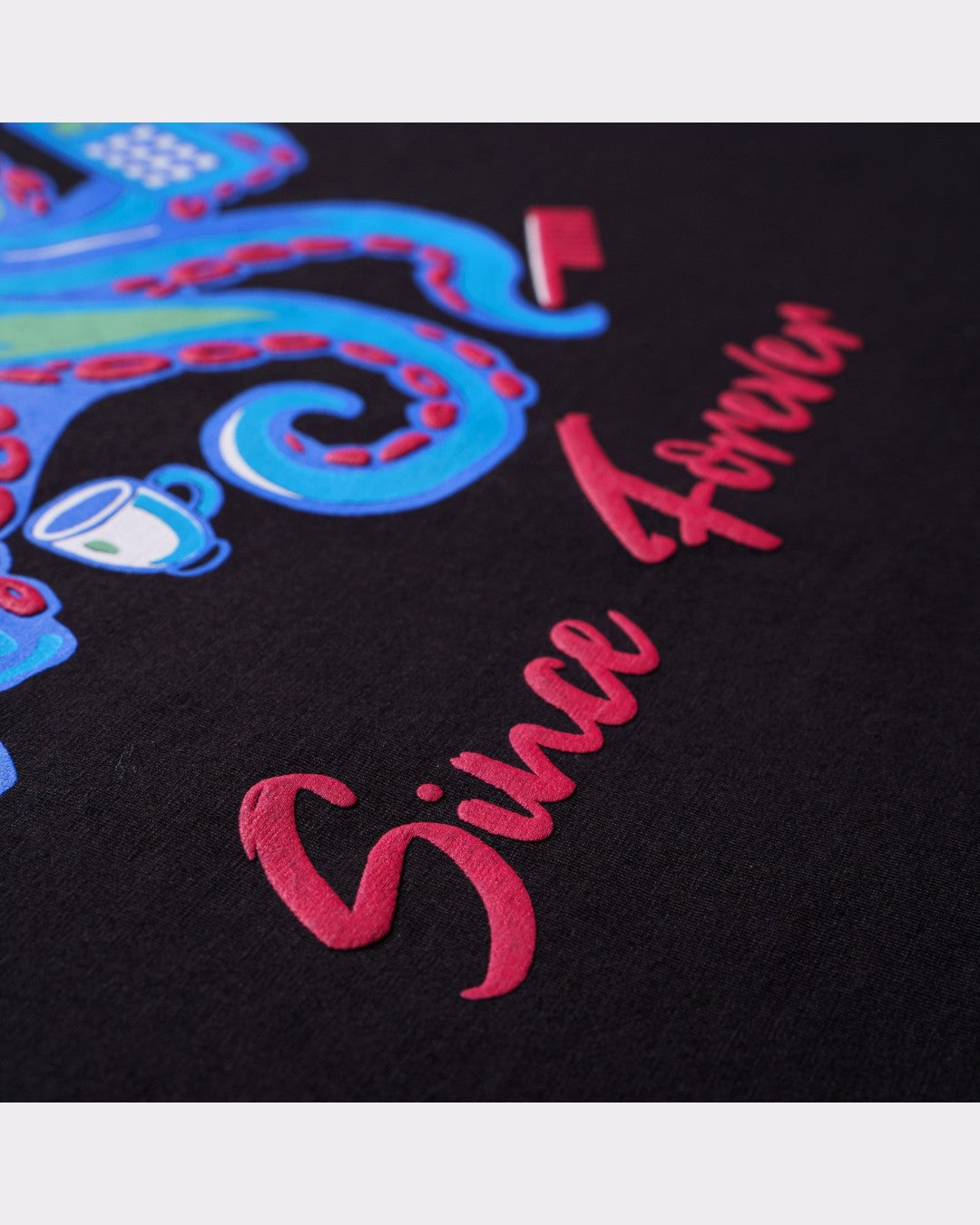 Multitasking Since Forever Octopus Animal Archetype Oversized T-Shirt For Men close-up print on black fabric