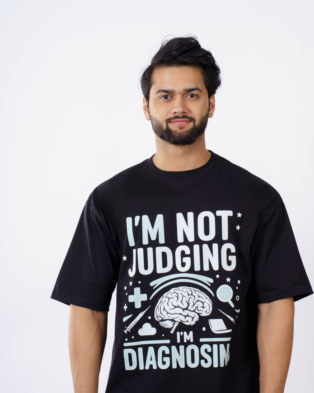 Black oversized fit T Shirt For Men Psychiatrist with brain graphic and humorous diagnosis text