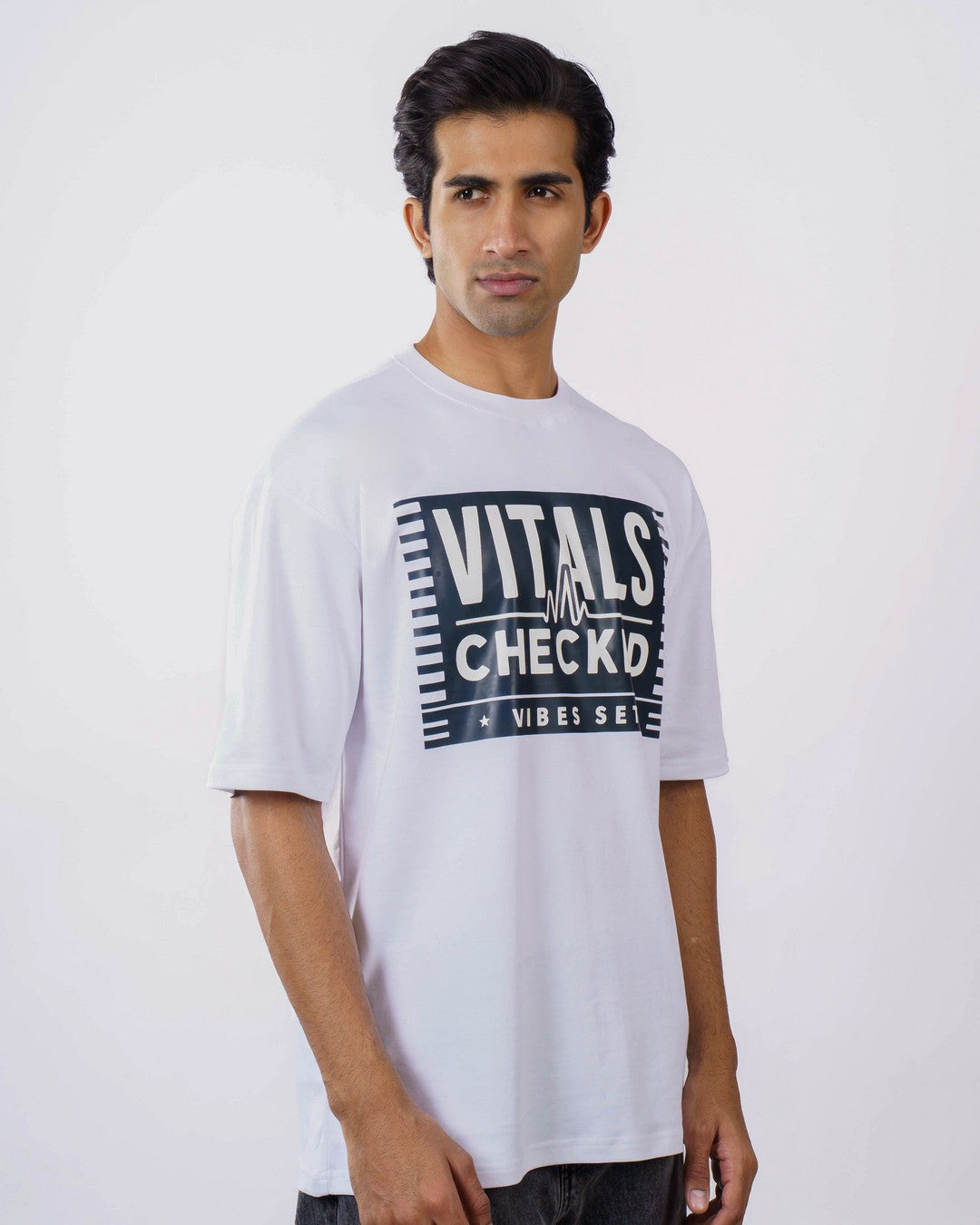 Bandar Baant Collections oversized fit white trendy t-shirt for men with Vitals Checked graphic 5