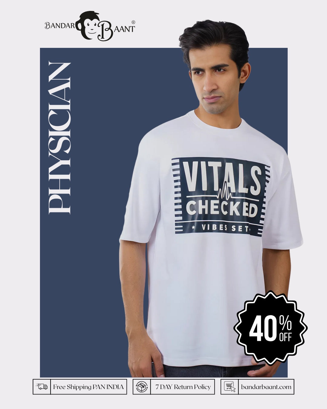 Bandar Baant Collections oversized fit white trendy t-shirt for men with Vitals Checked graphic 6