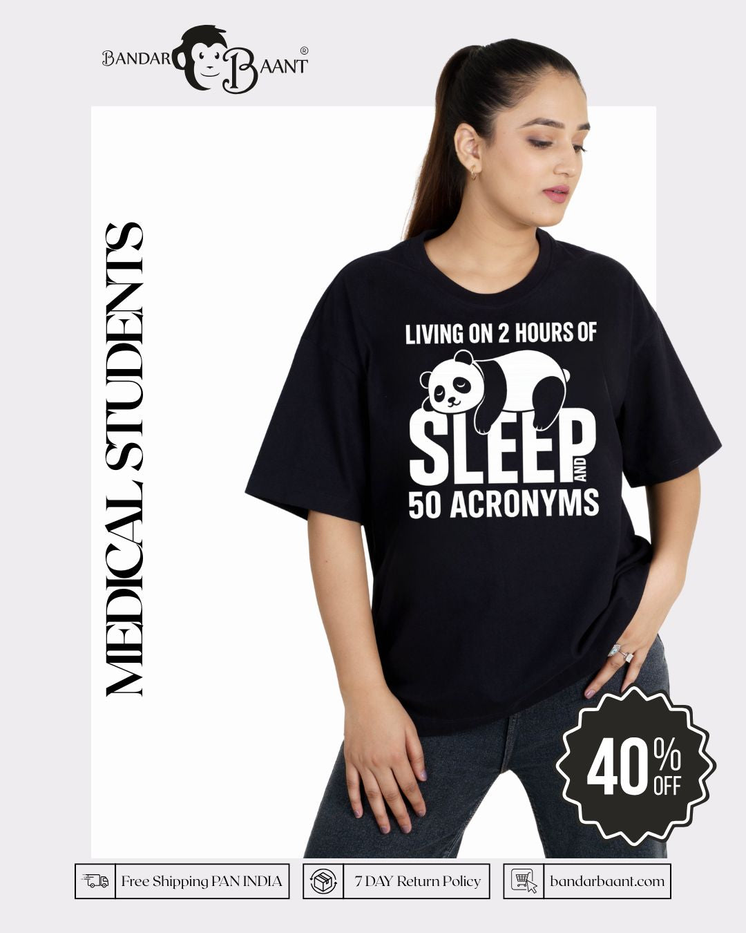 Bandar Baant Collections oversized fit Trendy T-Shirt For Women black with panda sleep graphic