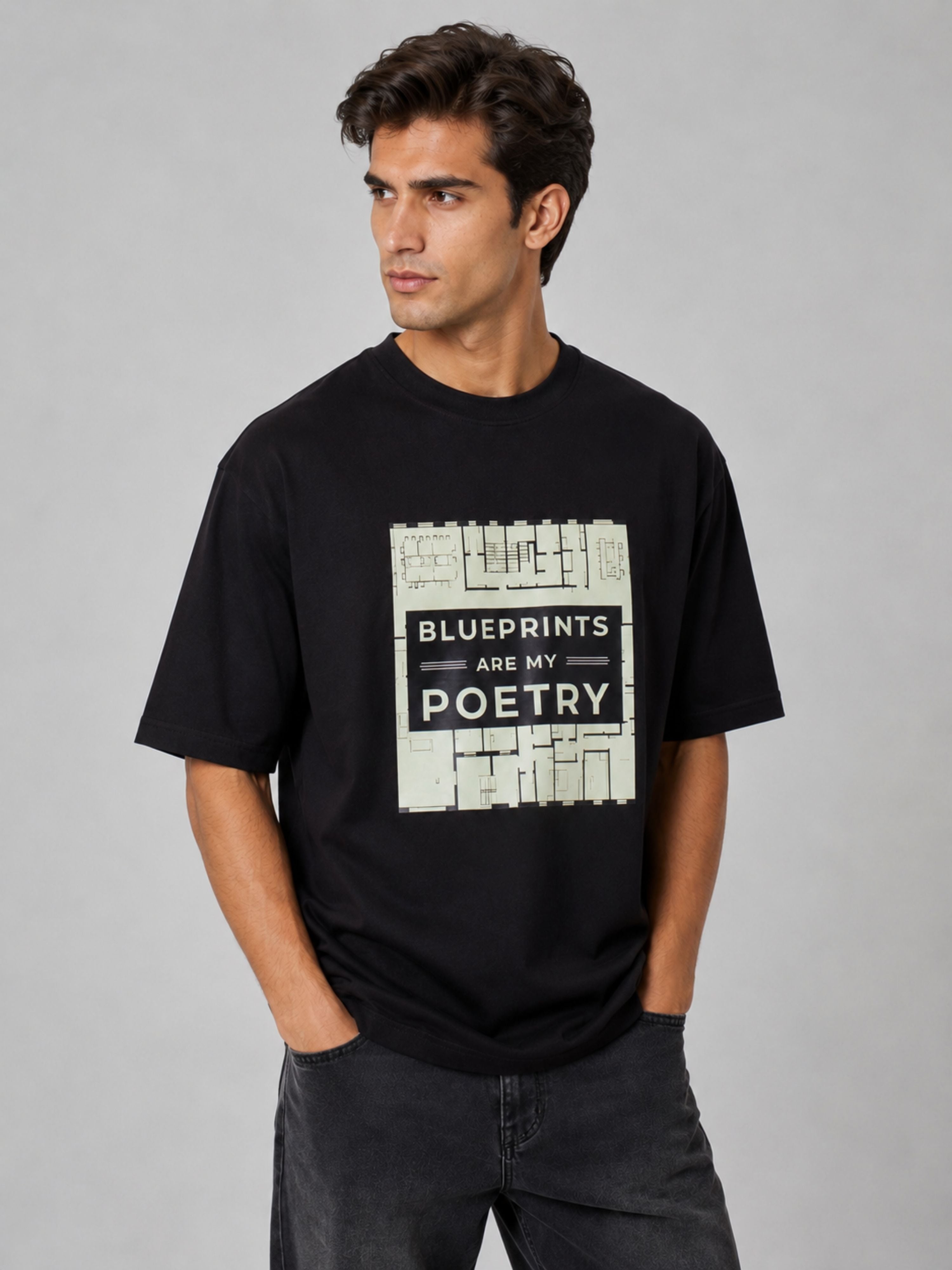 Black oversized fit Architect Printed Tshirt For Men with blueprints and poetry graphic