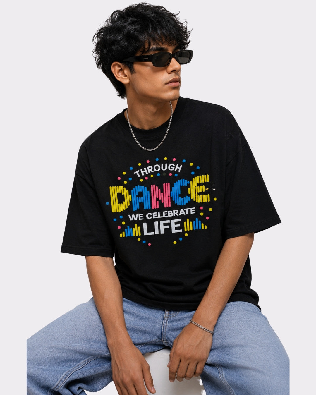 Choreographer Oversized T-shirt For Men in black with colorful dance graphic and relaxed fit by Bandar Baant Collections
