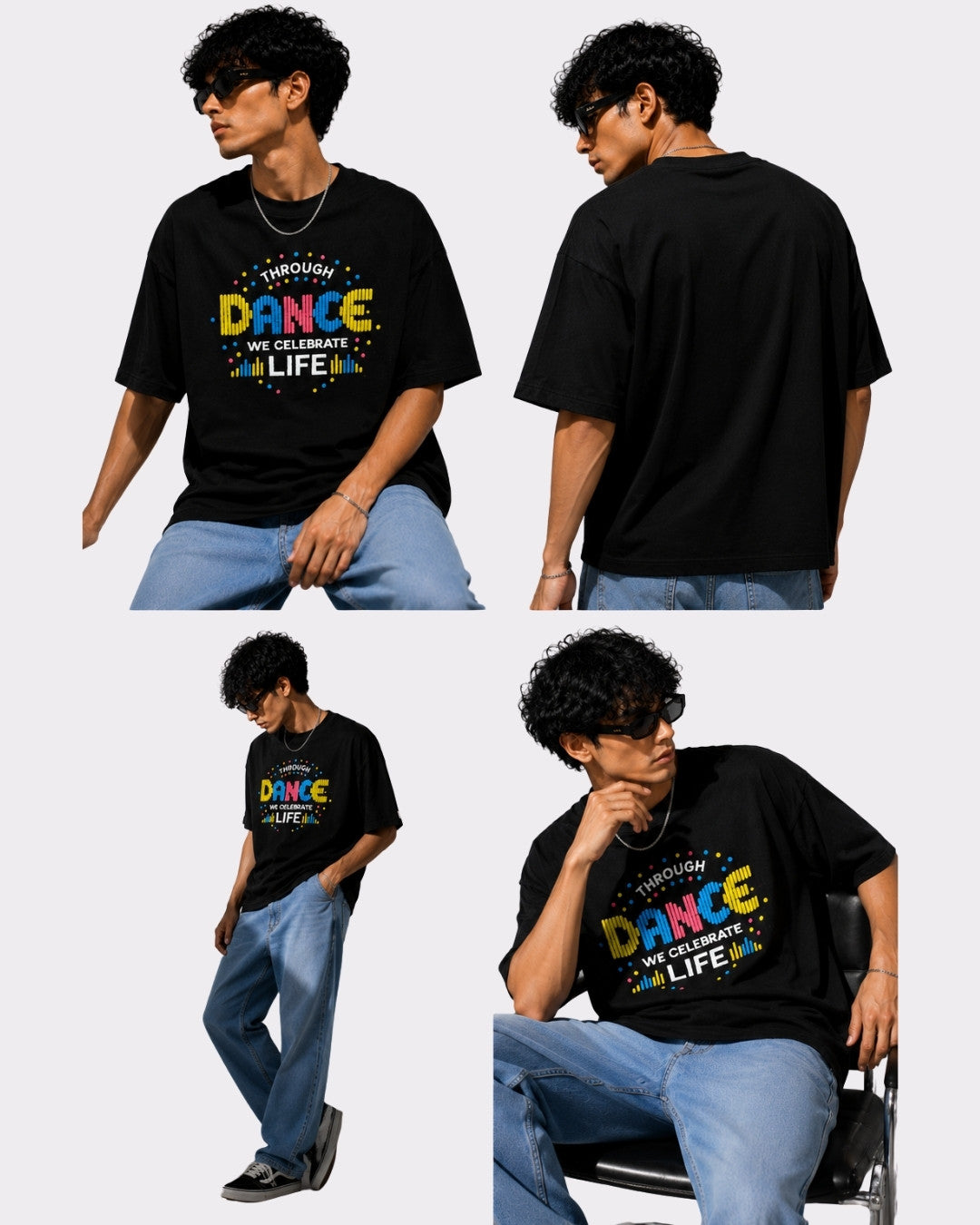 Choreographer Oversized T-shirt For Men in black with colorful dance graphic worn by model in casual poses