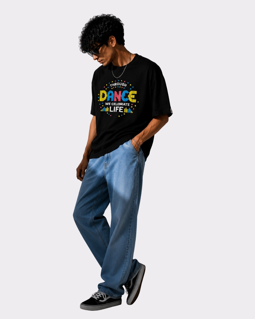Choreographer Oversized T-shirt For Men black casual fit with colorful dance print by Bandar Baant Collections