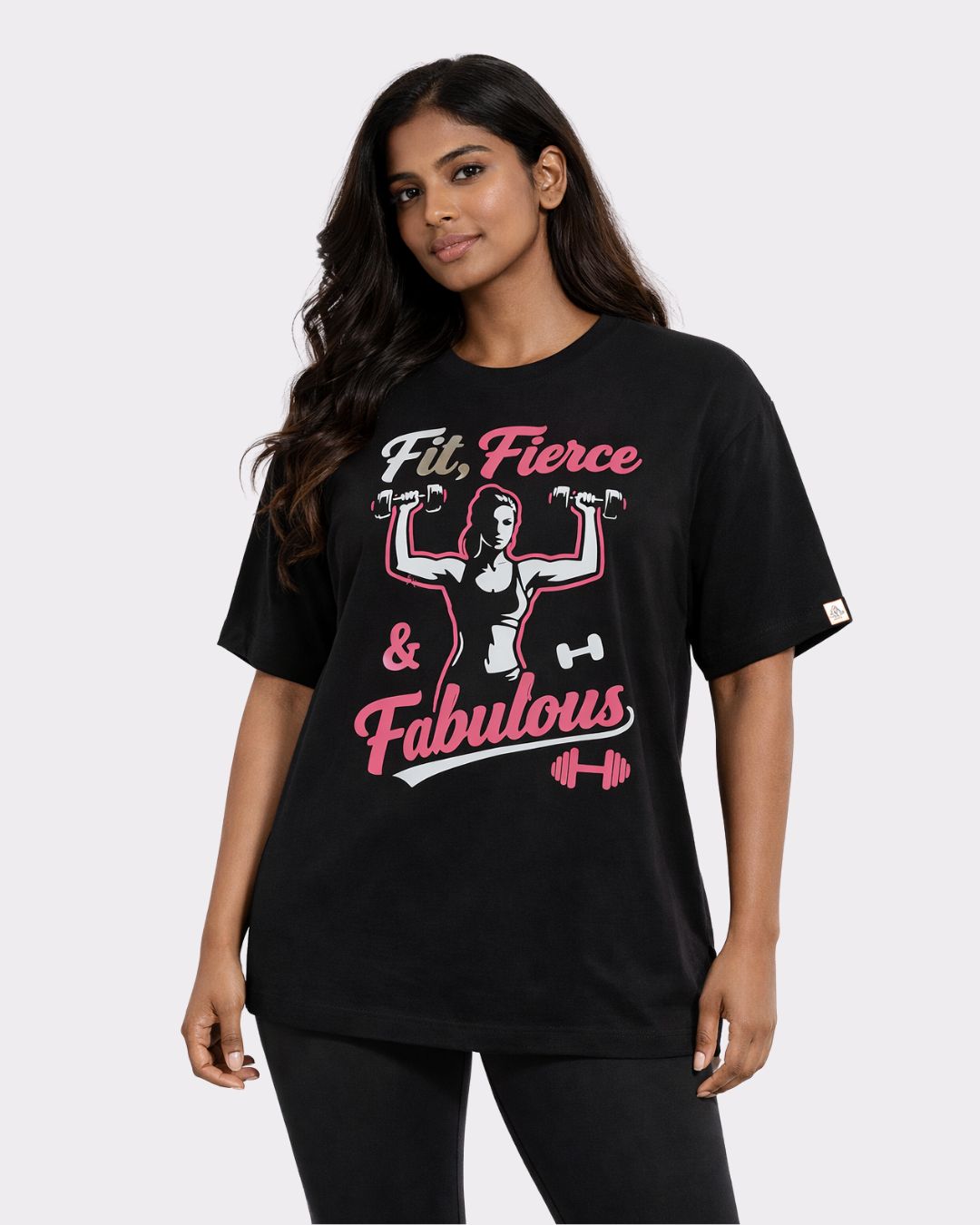 Gym Enthusiast Oversized Printed T-shirt For Women in black with Fit Fierce and Fabulous design