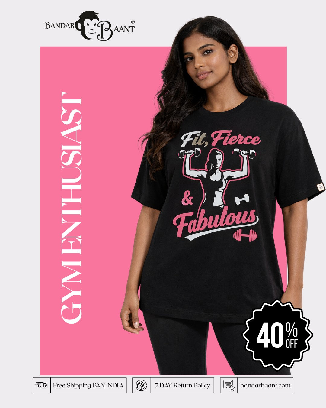 Gym Enthusiast Oversized Printed T-shirt For Women black fit fierce and fabulous design