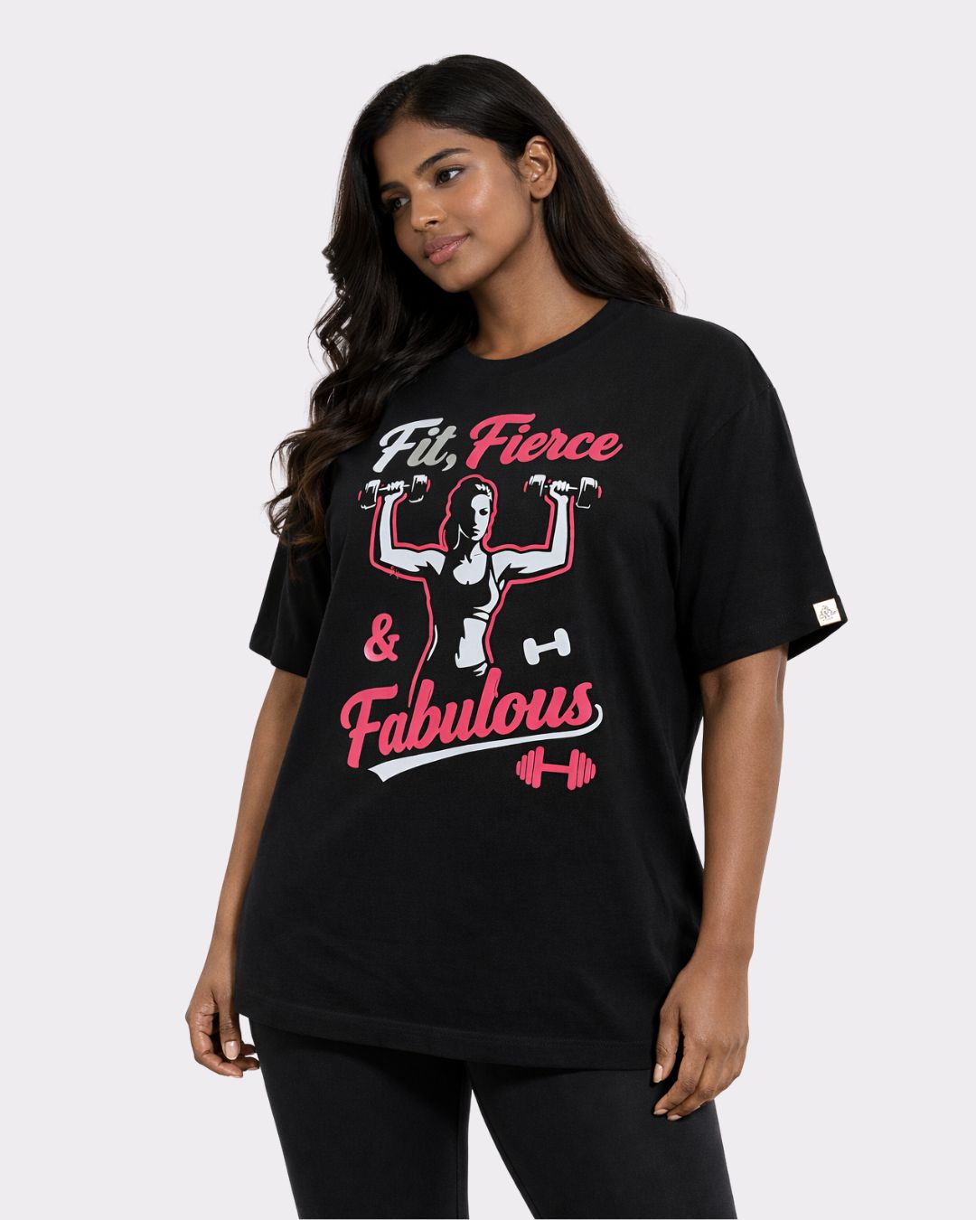 Gym Enthusiast Oversized Printed T-shirt For Women black fit fierce fabulous design by Bandar Baant Collections