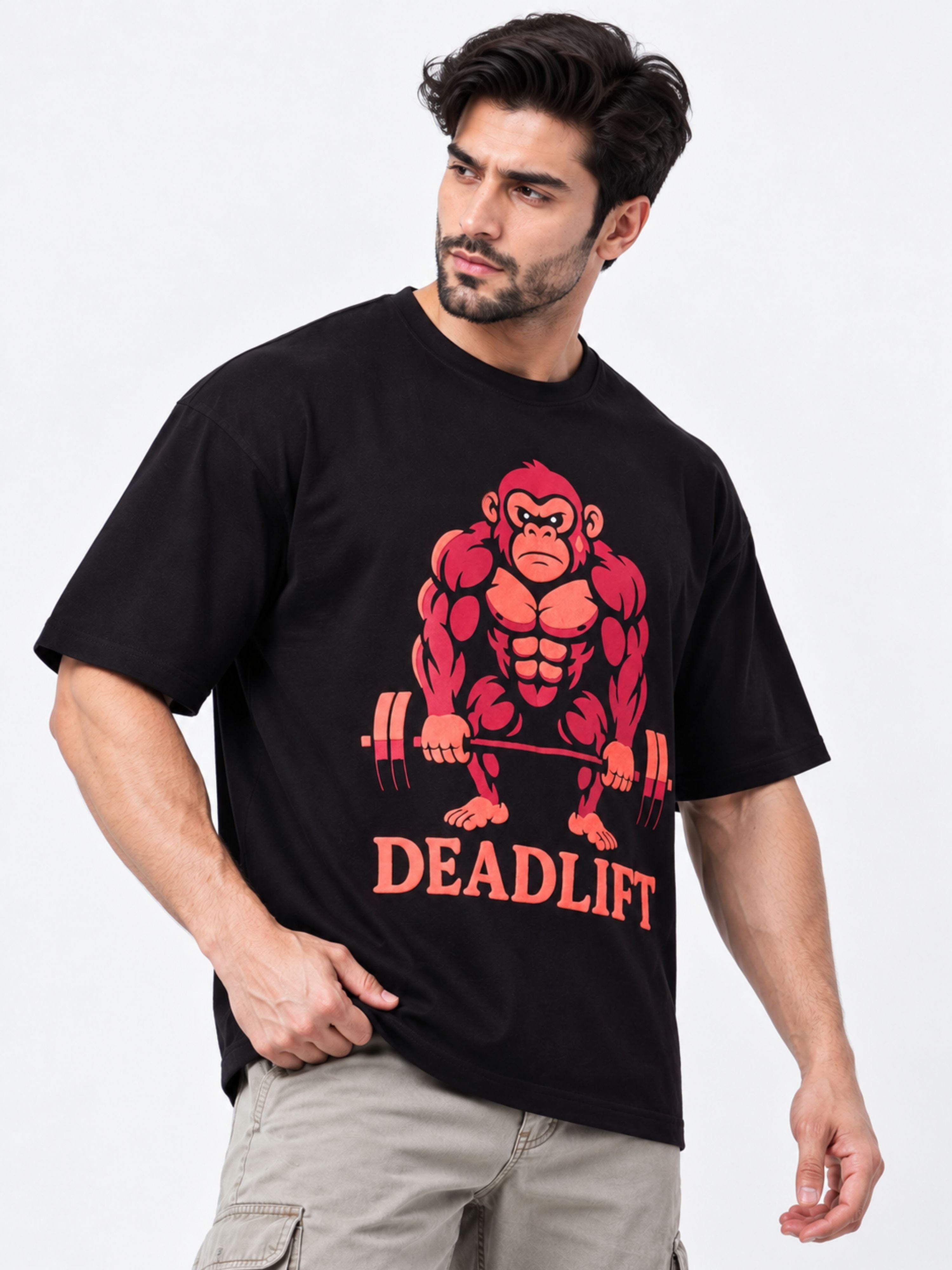 Bandar Baant Collections oversized fit Gym Enthusiast Printed T-shirt For Men in black with muscular monkey graphic