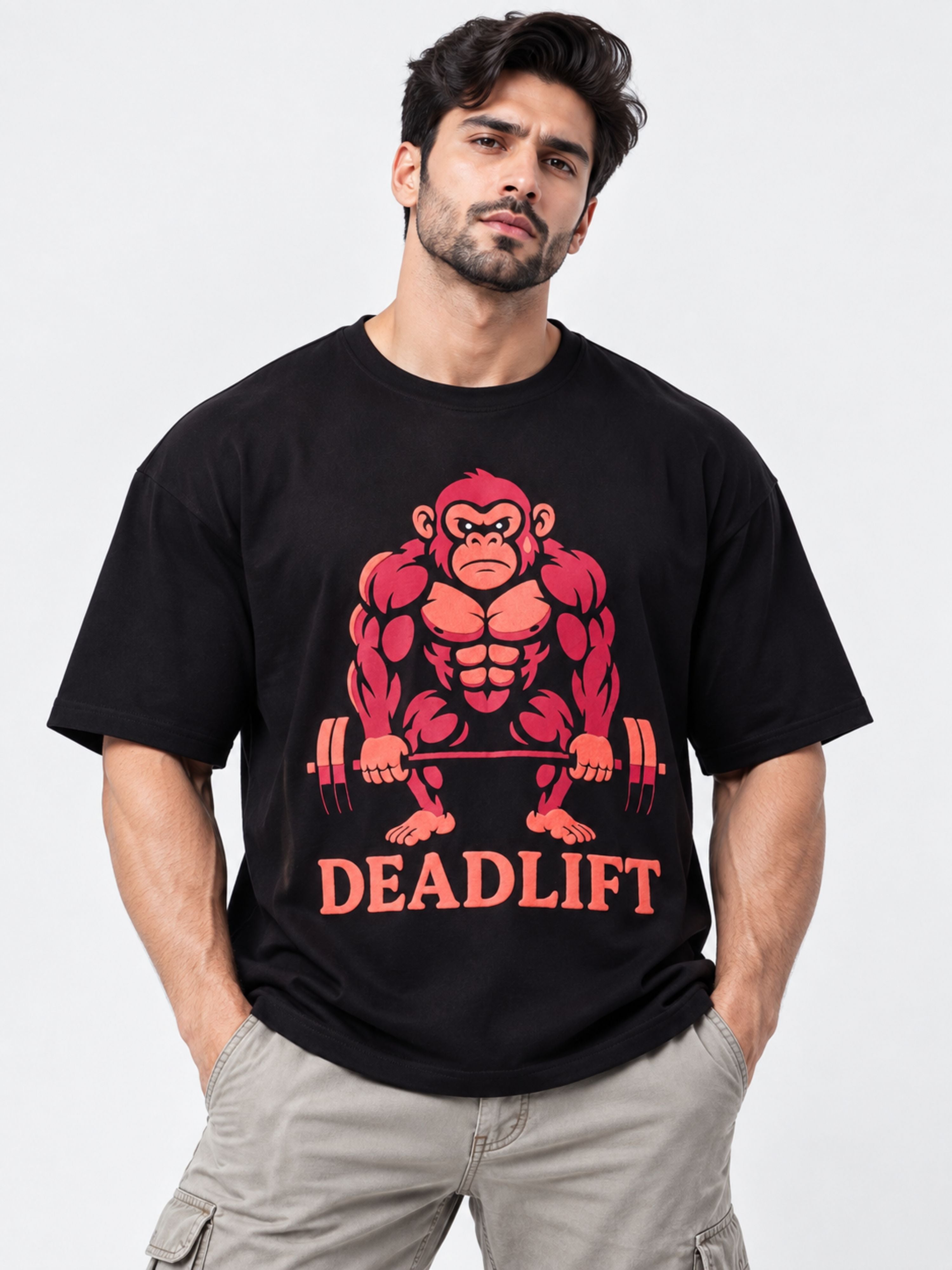 Gym Enthusiast Printed T-shirt For Men oversized fit black tee with muscular gorilla and deadlift design