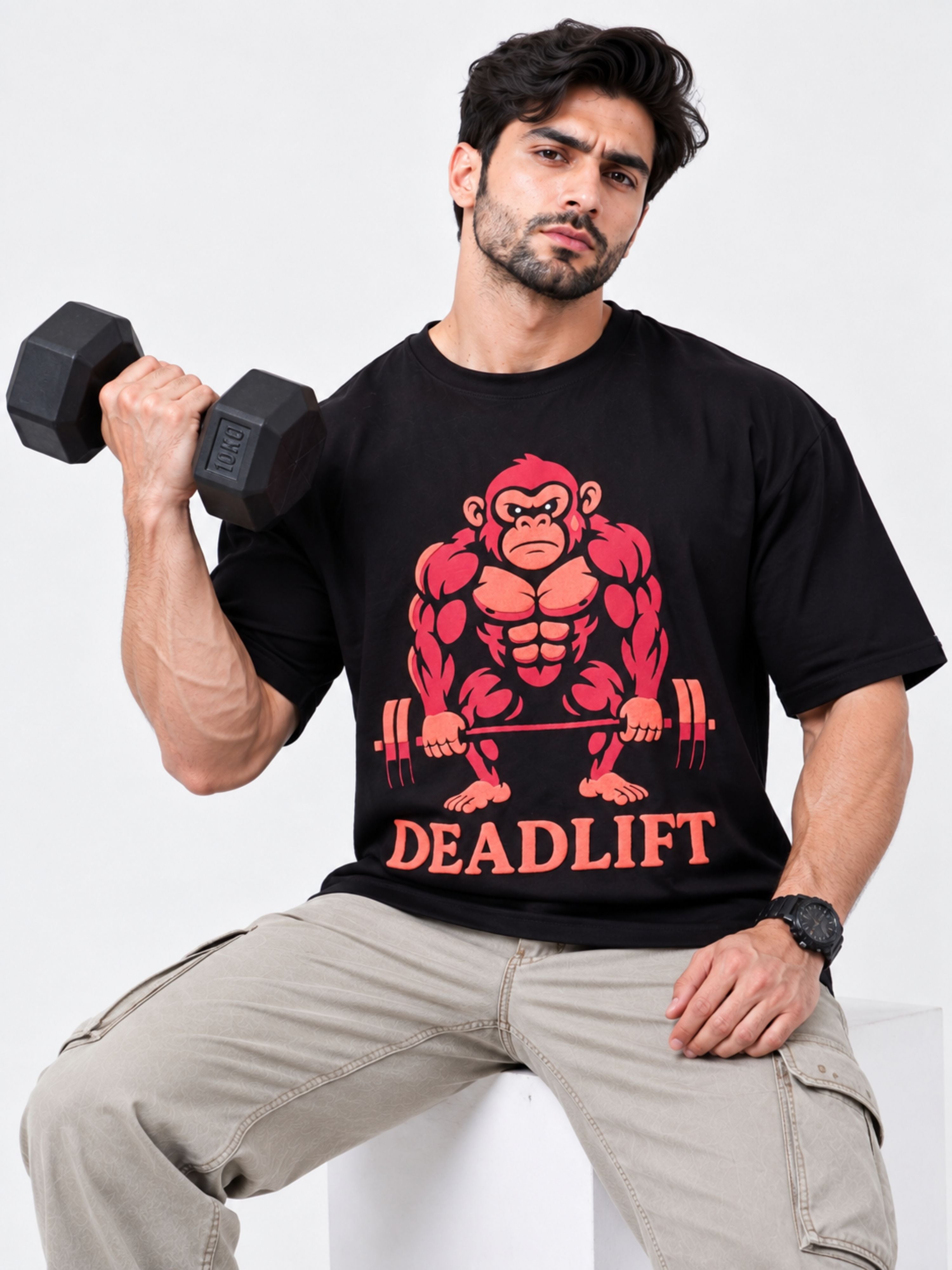 Bandar Baant Collections oversized fit Gym Enthusiast Printed T-shirt For Men with deadlift monkey graphic