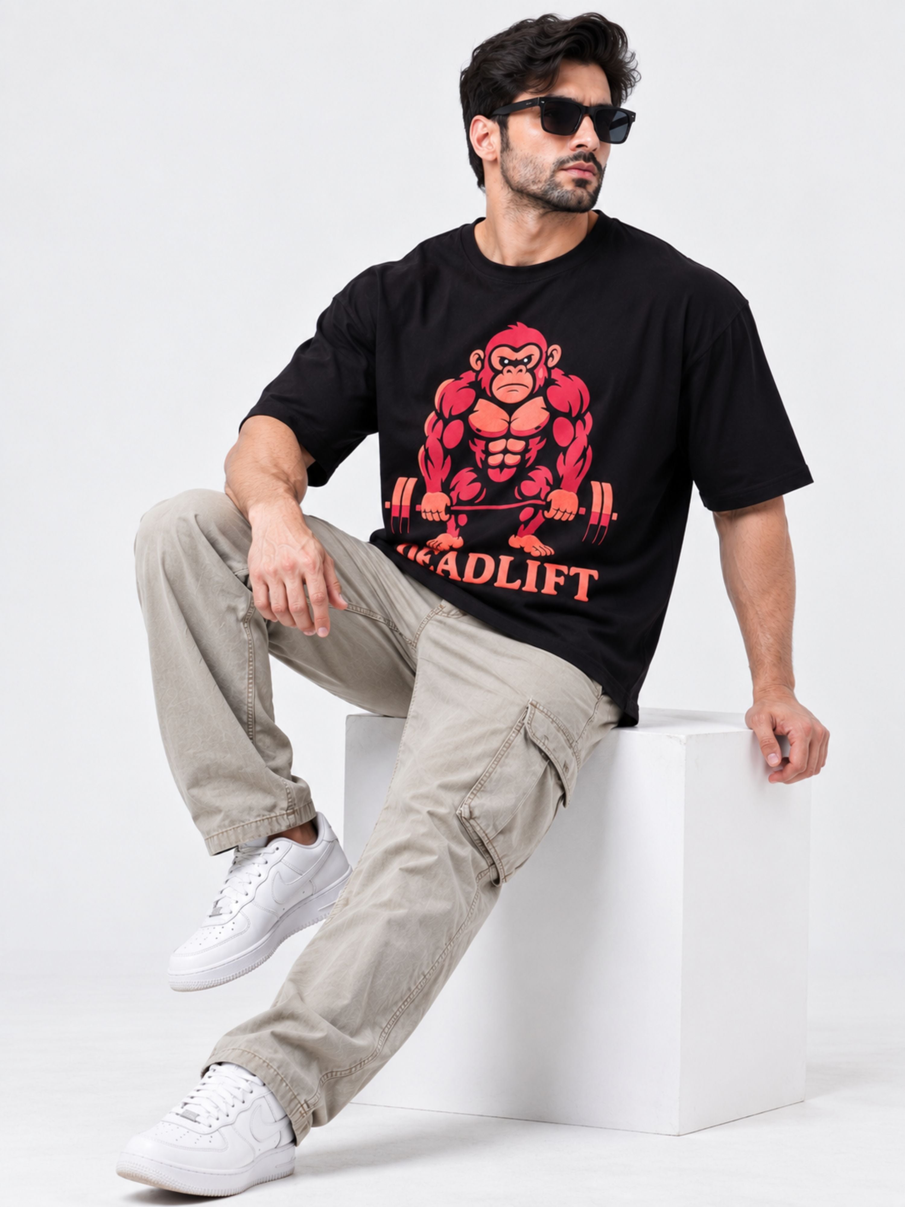 Bandar Baant Collections oversized fit Gym Enthusiast Printed T-shirt For Men in black with muscular gorilla graphic