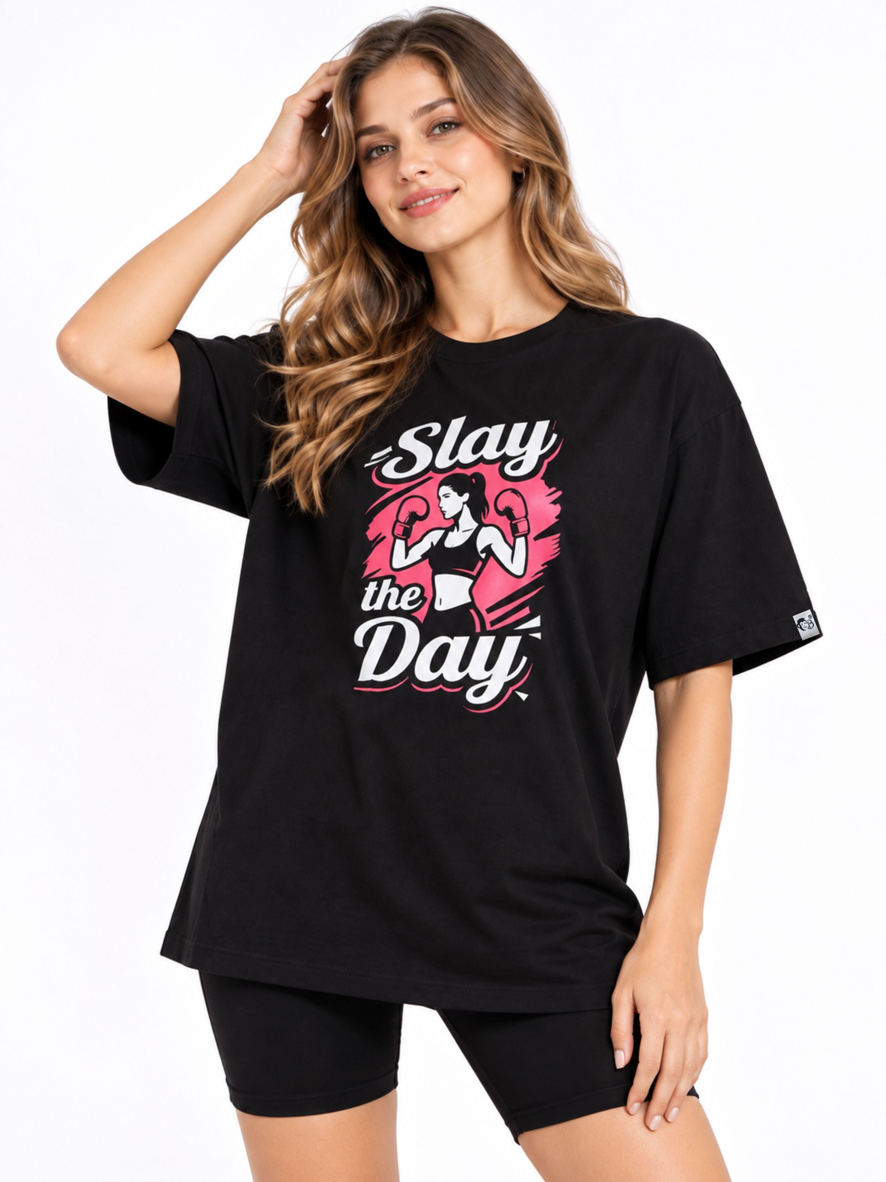 Black oversized fit Tshirt from Bandar Baant Collections with Slay the Day print for Gym Enthusiast Trendy T-shirt For Women