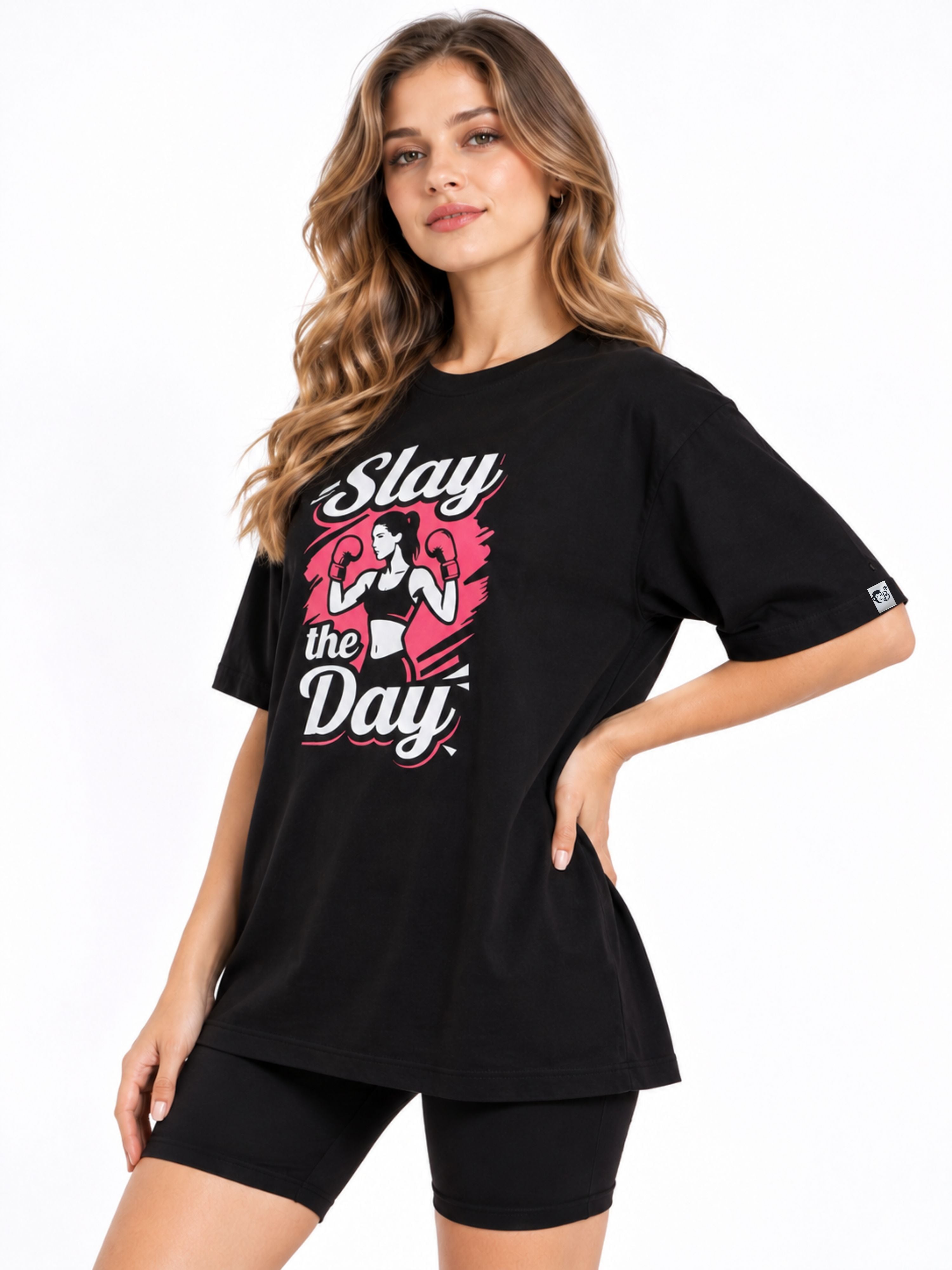 Black oversized fit Tshirt from featuring Slay the Day graphic for Gym Enthusiast Trendy T-shirt For Women