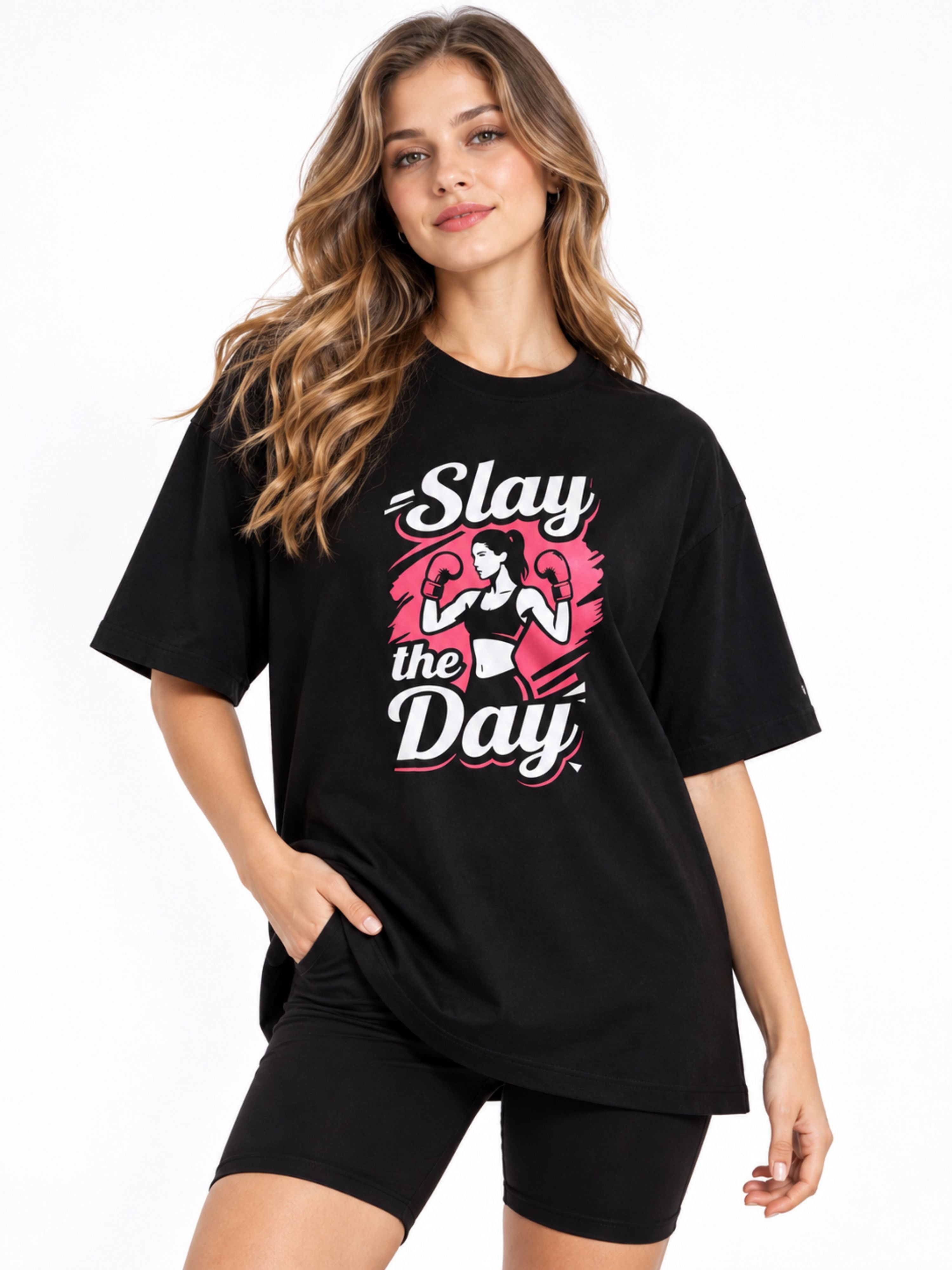 Bandar Baant Collections oversized fit black Gym Enthusiast Trendy T-shirt For Women with Slay the Day print
