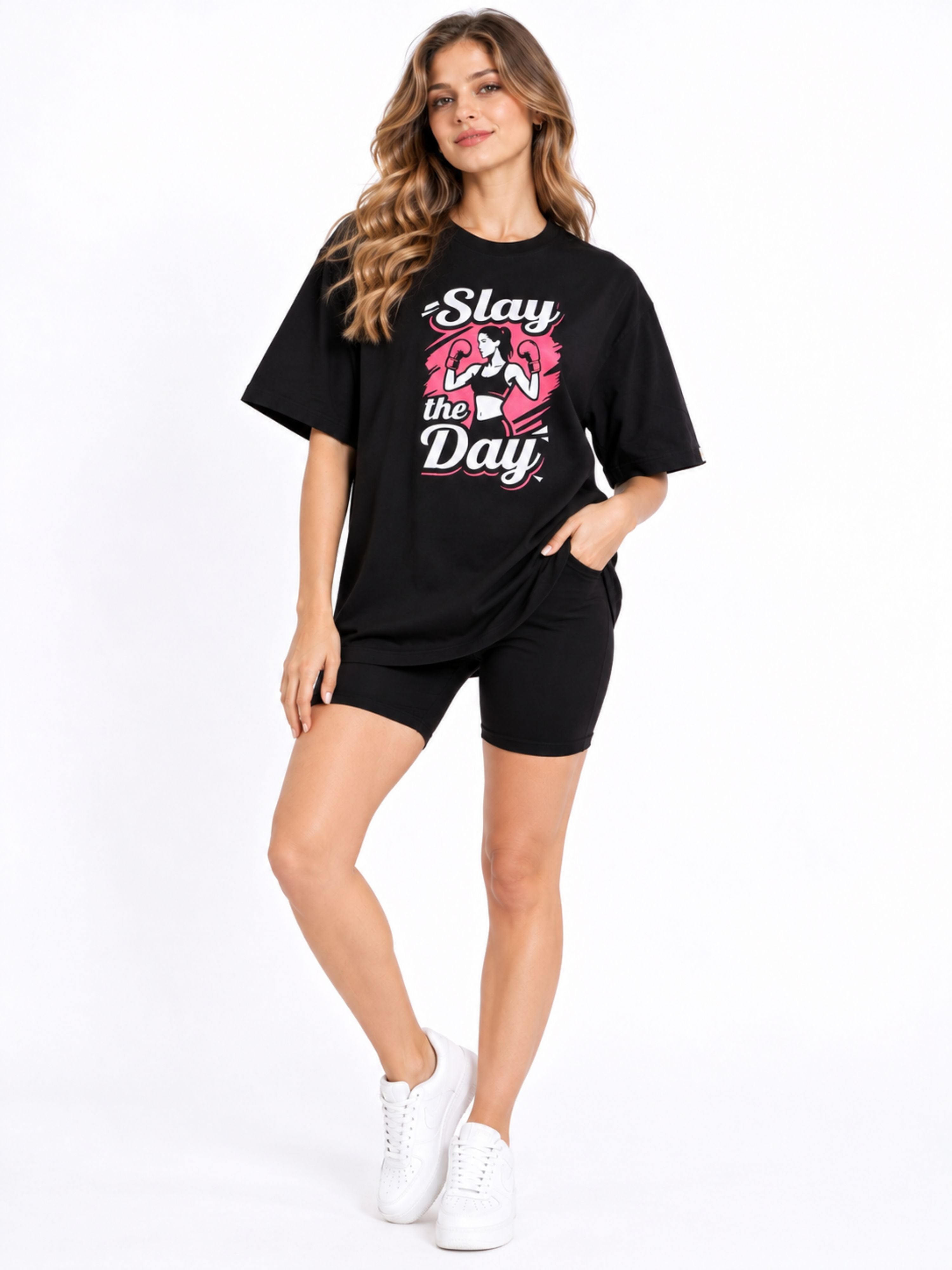 Bandar Baant Collections oversized fit black Gym Enthusiast Trendy T-shirt For Women with Slay the Day graphic