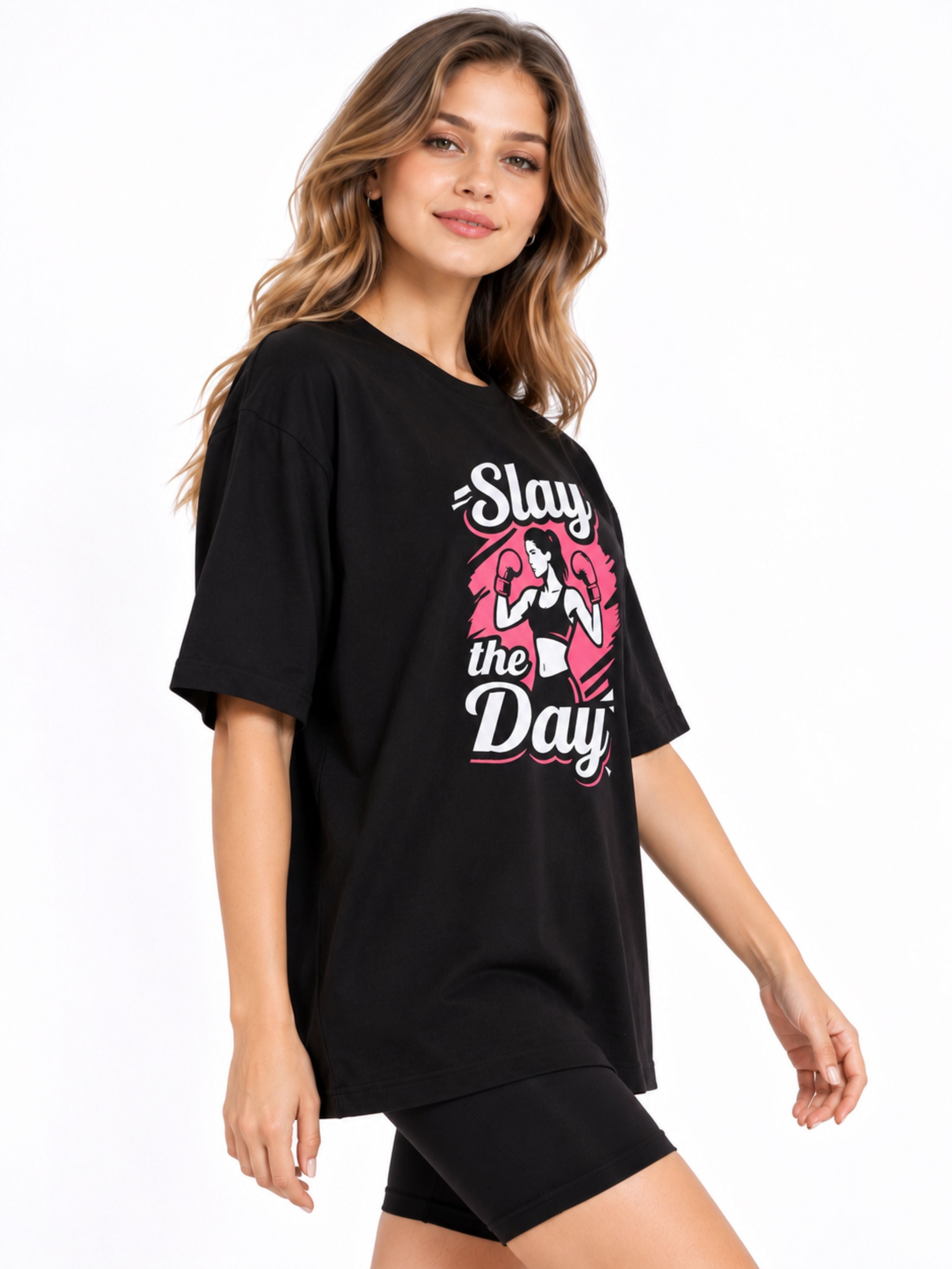 Bandar Baant Collections oversized fit Gym Enthusiast Trendy T-shirt For Women in black with sporty graphic