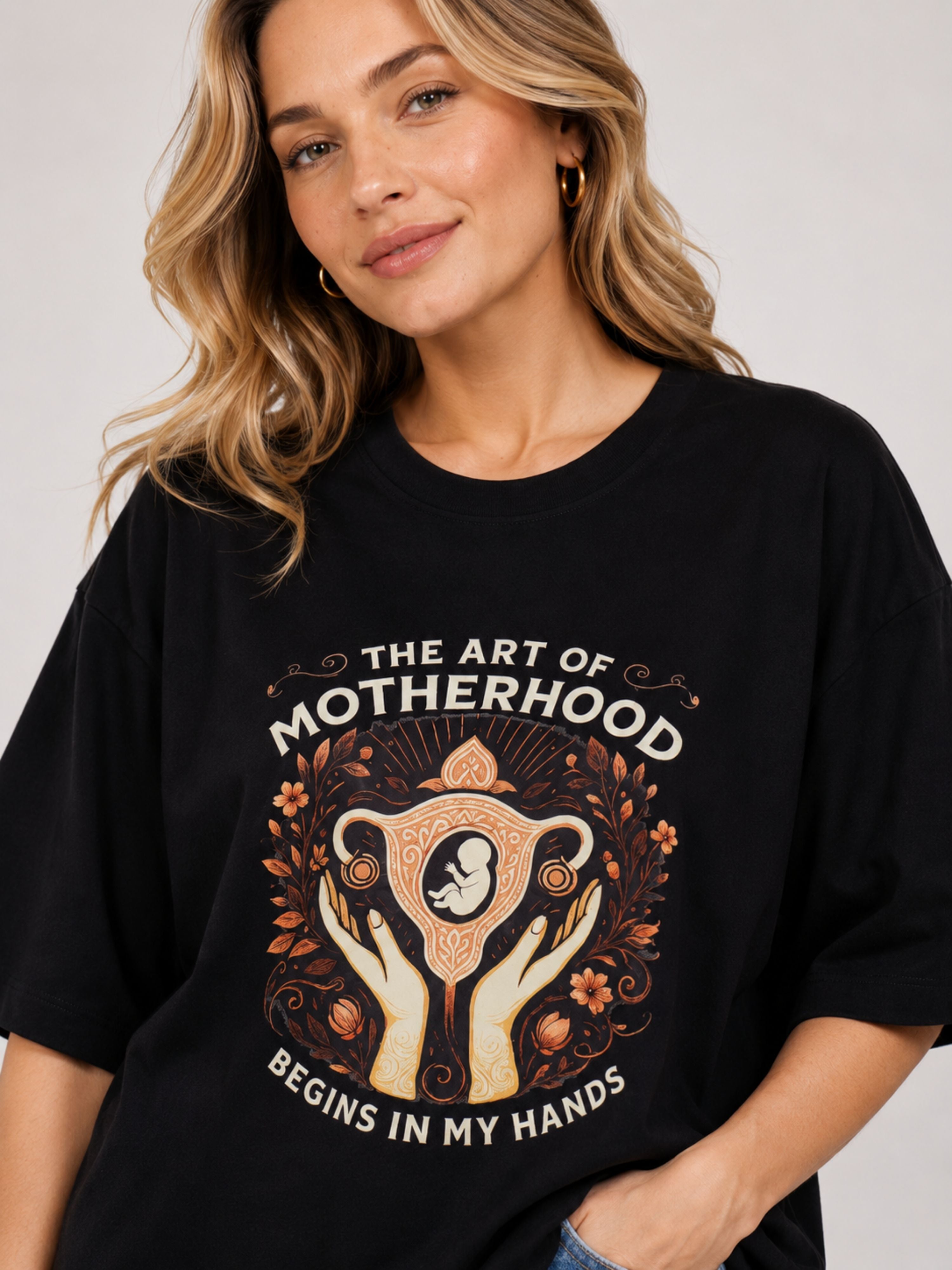 Oversized fit Gynaecologist Printed Tshirt For Women in black with motherhood art print from Bandar Baant Collections