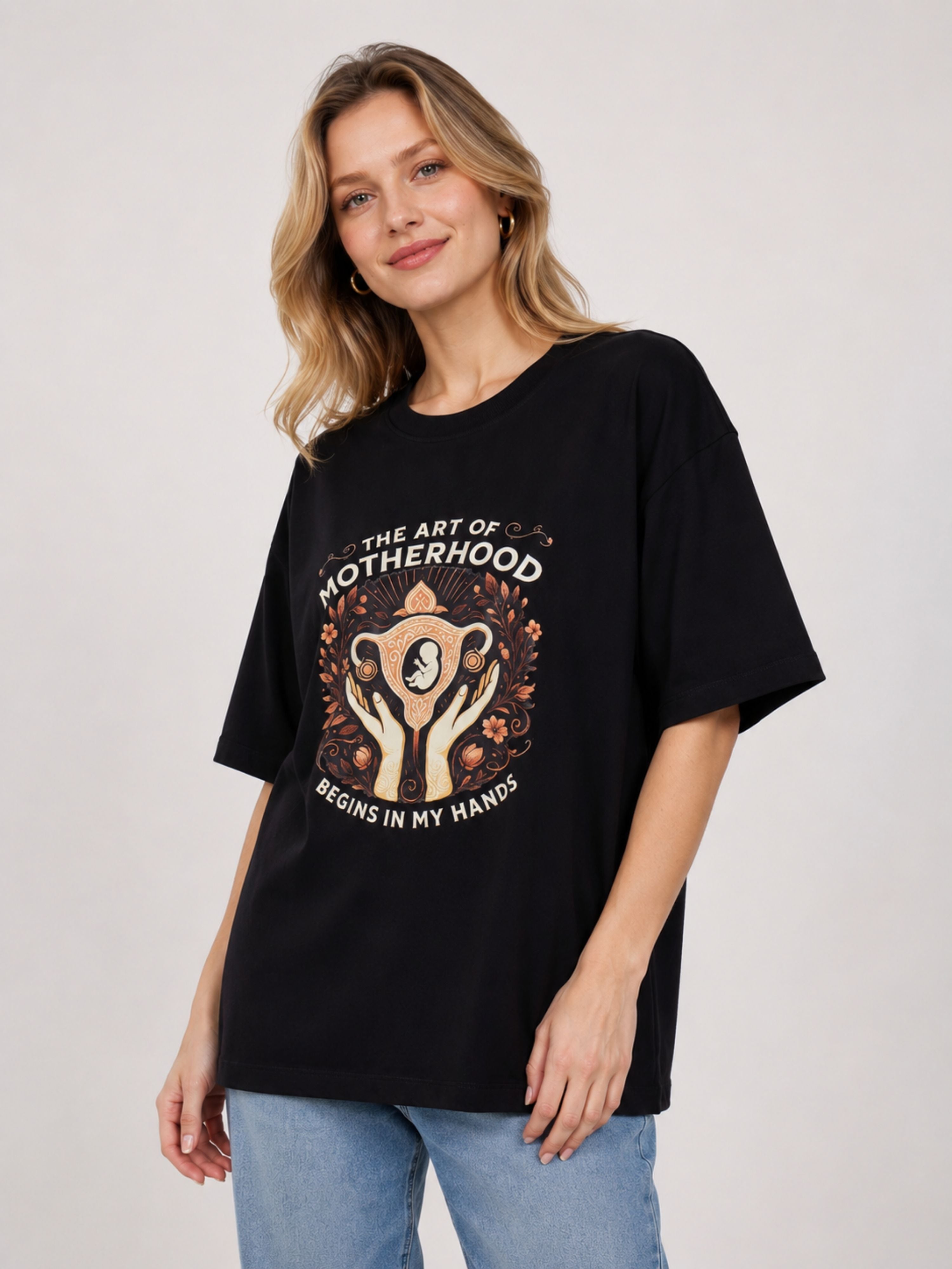 Black oversized fit Gynaecologist Printed Tshirt For Women with motherhood design from Bandar Baant Collections