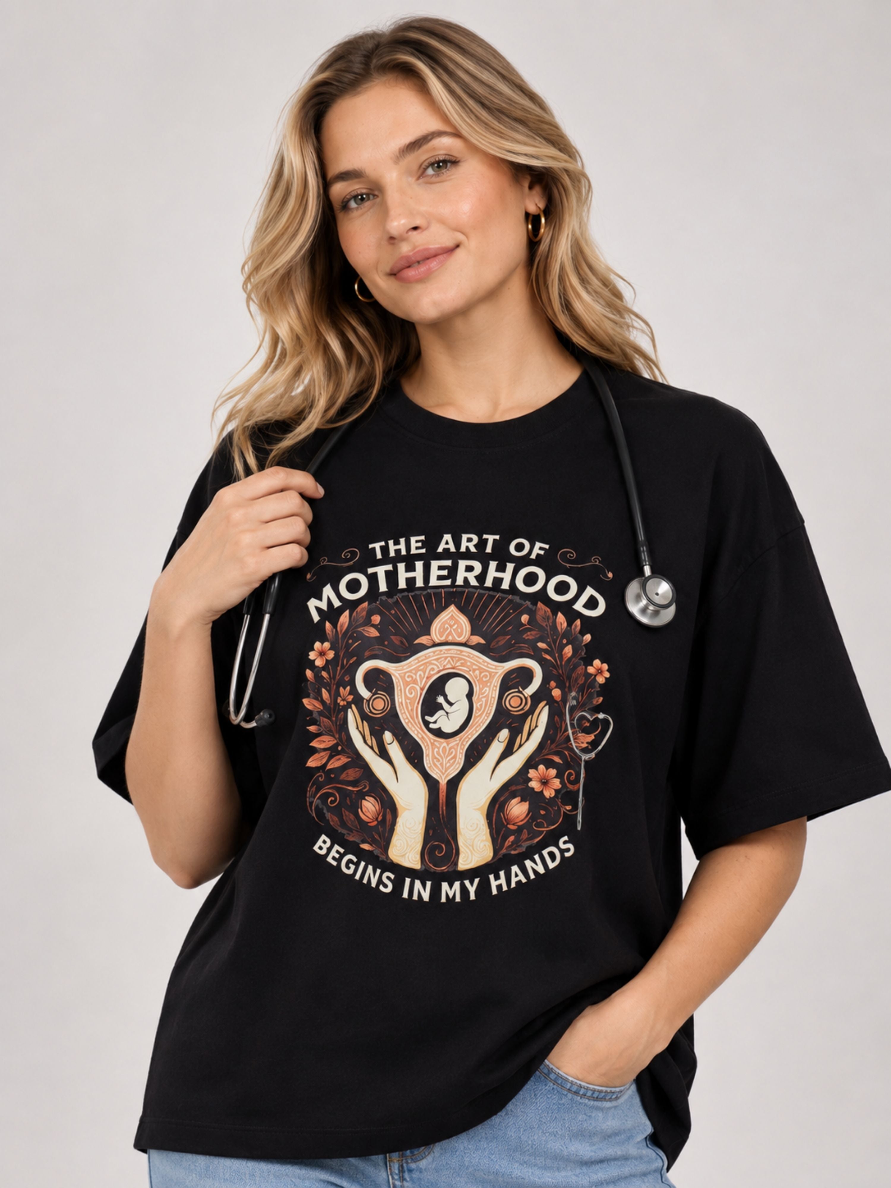 Oversized fit Gynaecologist Printed Tshirt For Women in black with motherhood graphic and text design