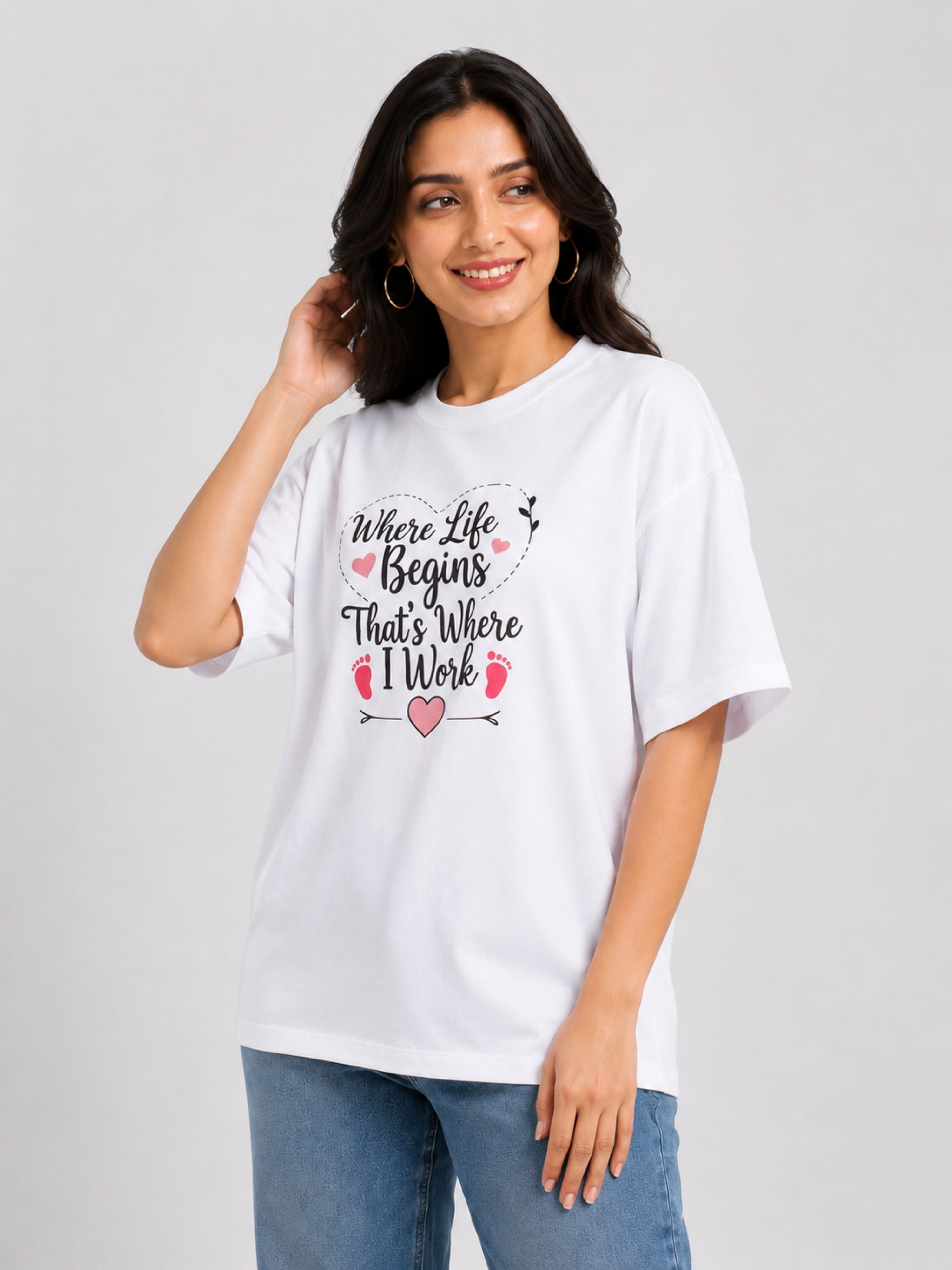 White oversized fit Gynaecologist T-shirt For Women with printed quote and heart design
