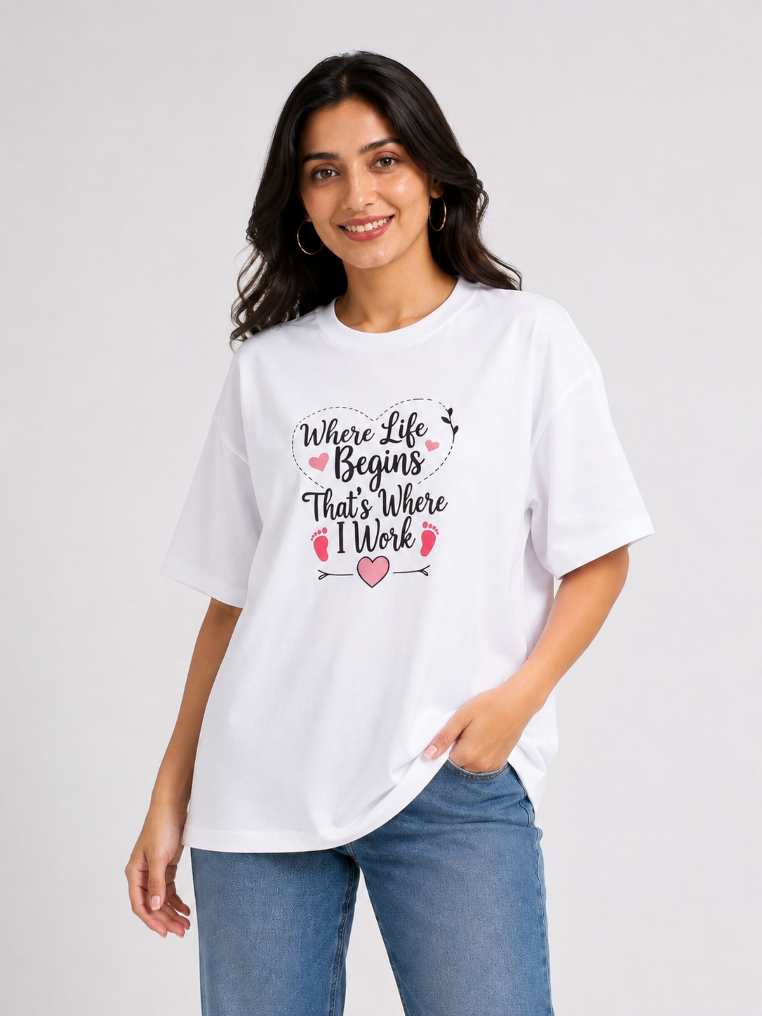 Oversized fit white Gynaecologist T-shirt For Women with life quote graphic from Bandar Baant Collections