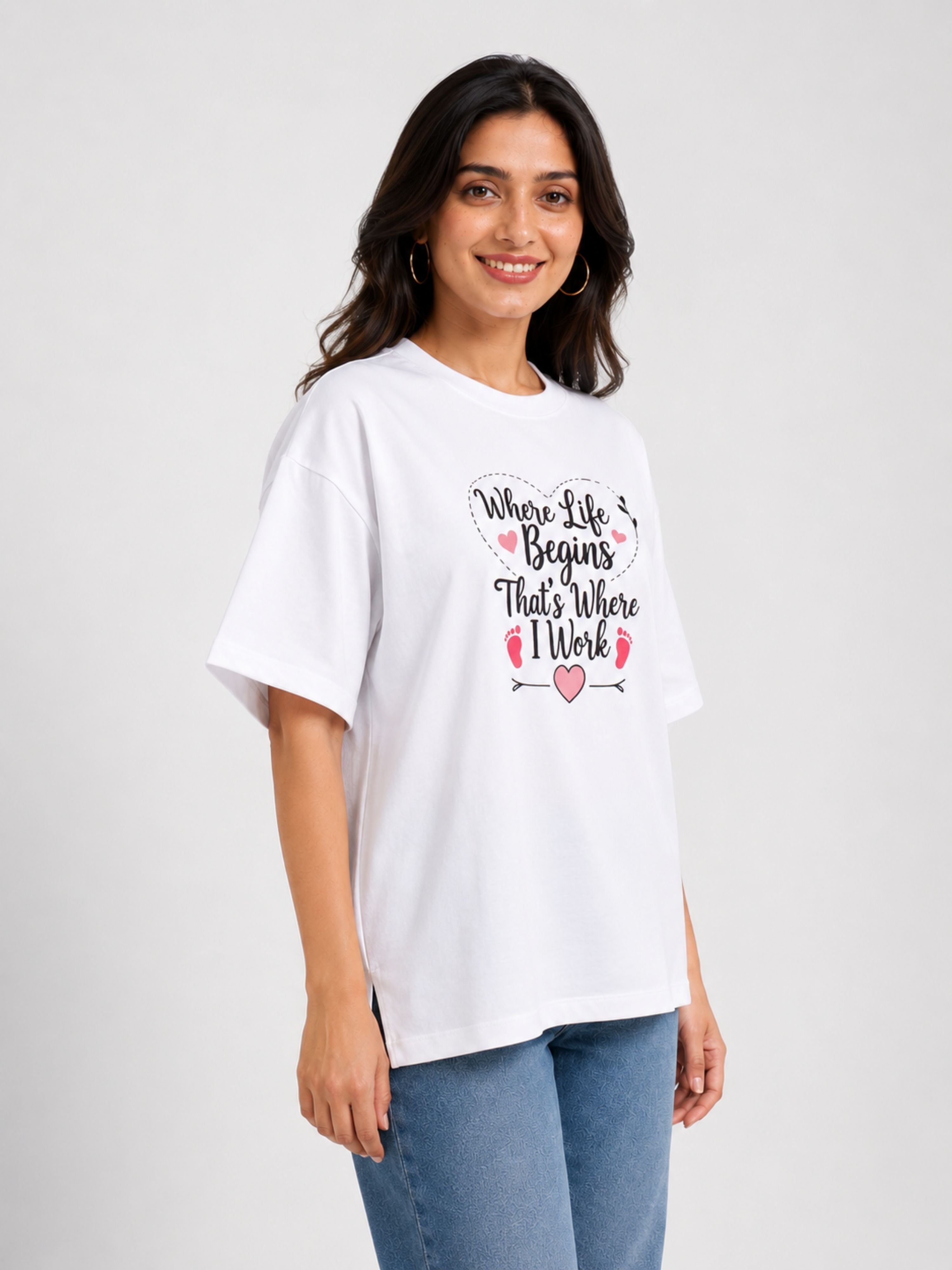 Oversized fit white Gynaecologist T-shirt For Women with printed inspiring medical quote