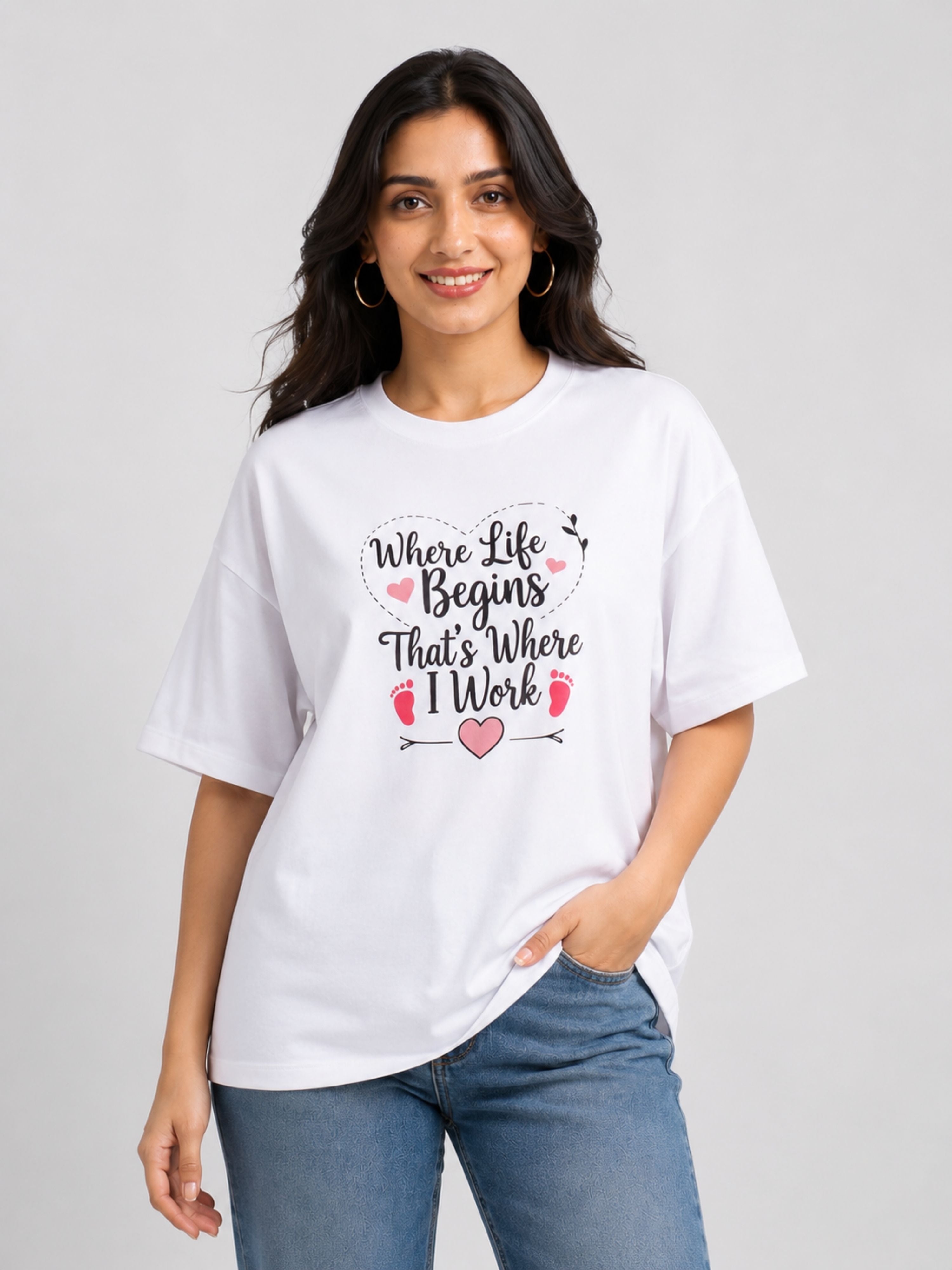 Gynaecologist T-shirt For Women oversized fit white tee with Where Life Begins printed design