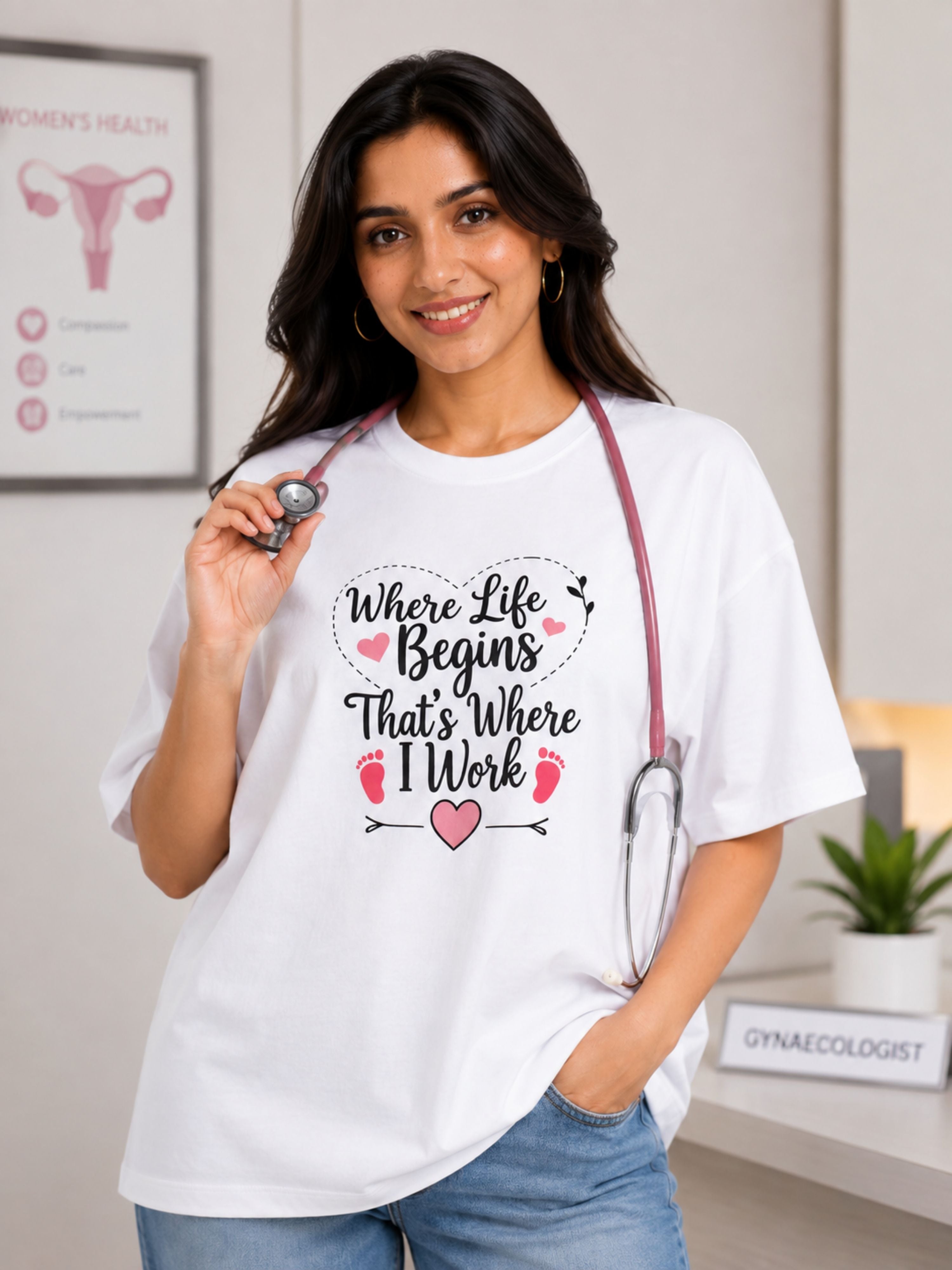 Gynaecologist T-shirt For Women oversized fit white tee with life begins print worn by female doctor