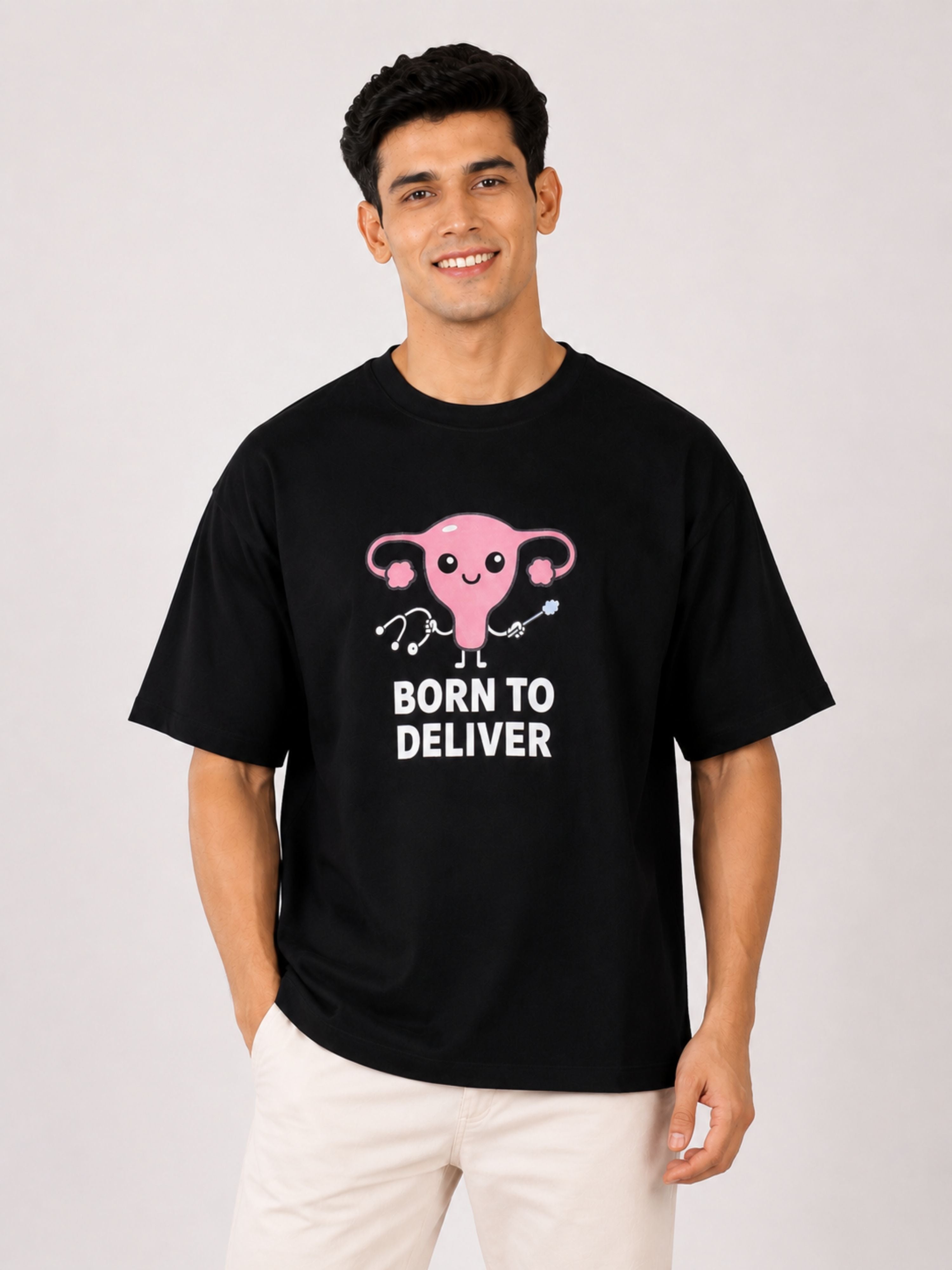 Gynaecologist Trendy Graphic Tshirt For Men black oversized fit tshirt with born to deliver design