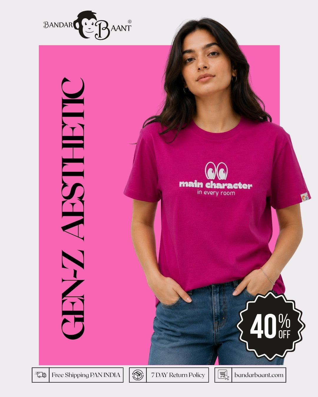 Hot Pink Main Character T-Shirt for Women Regular Fit Cotton